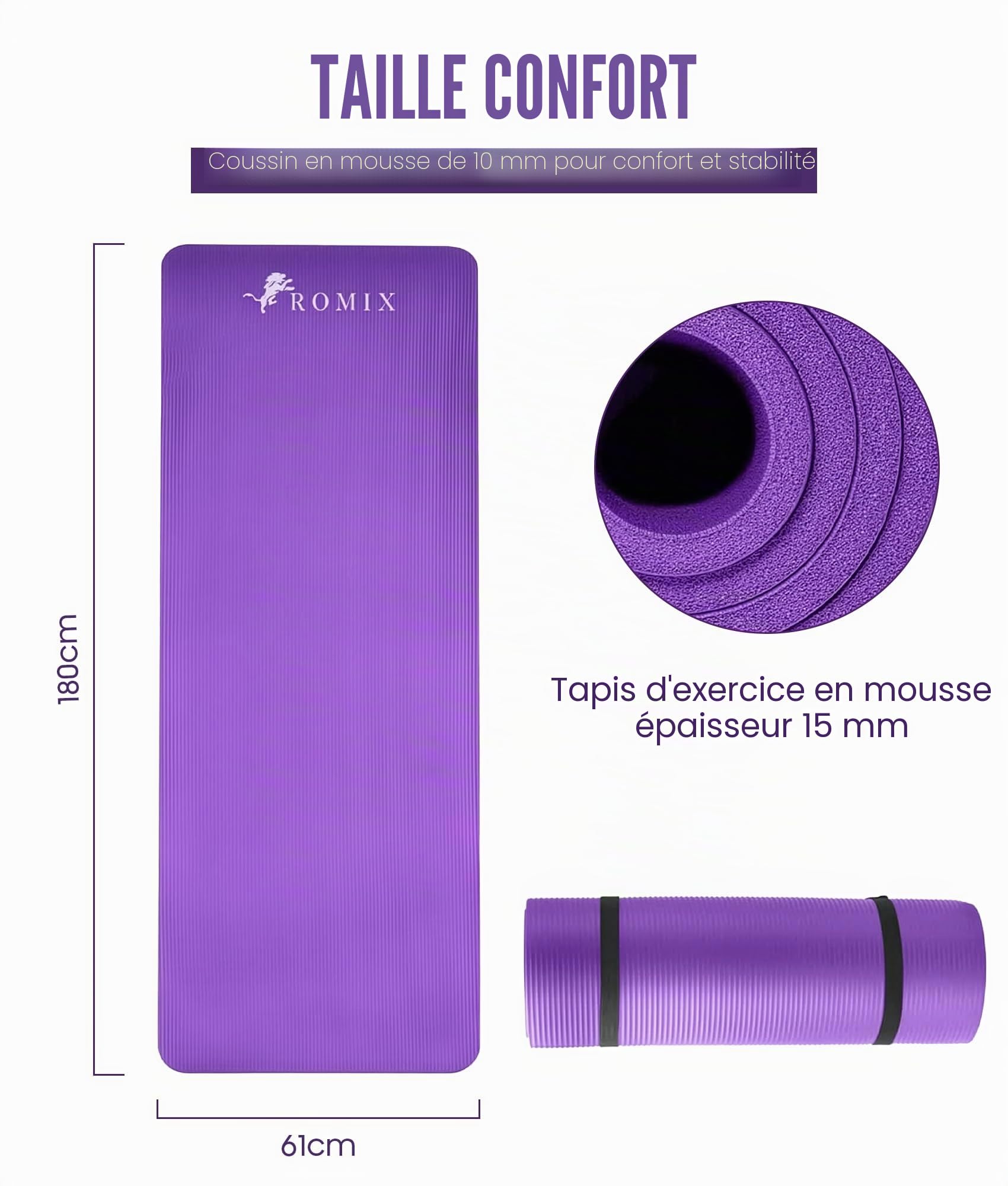 ROMIX Tapis de Yoga Épais 15 mm Antidérapant, Tapis de Sport 183 x 61 cm avec Sac de Transport et Sangle, Tapis de Sol pour Yoga Pilates Fitness Entraînement Maison Gym et Voyage