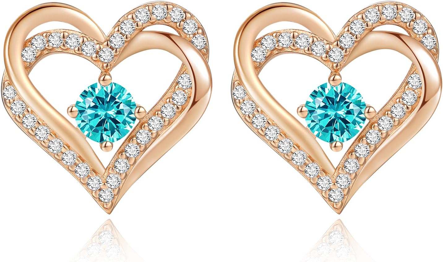 CDE Forever Love Heart Stud Earrings for Women, 925 Sterling Silver Birthstone Heart Stud Earrings Christmas Day Mother's Day Gift Anniversary Birthday Jewelry Gifts for Women Wife Her