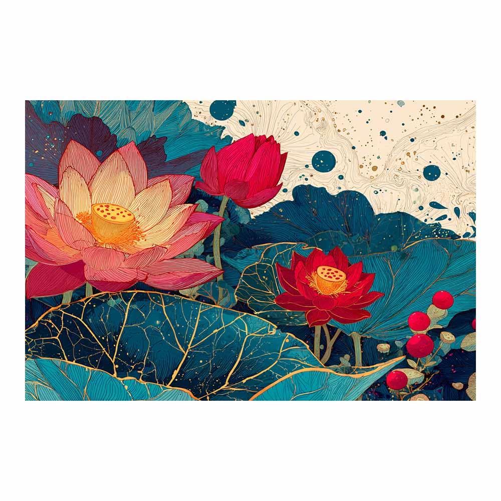 Xeniou Multicolor Flowers Canvas Red Lotuses Wall Art Canvas Wall Art, For Living Room Bedroom Restaurant Home Office Wall Decoration(Multicolor)-80X120cm Unframed