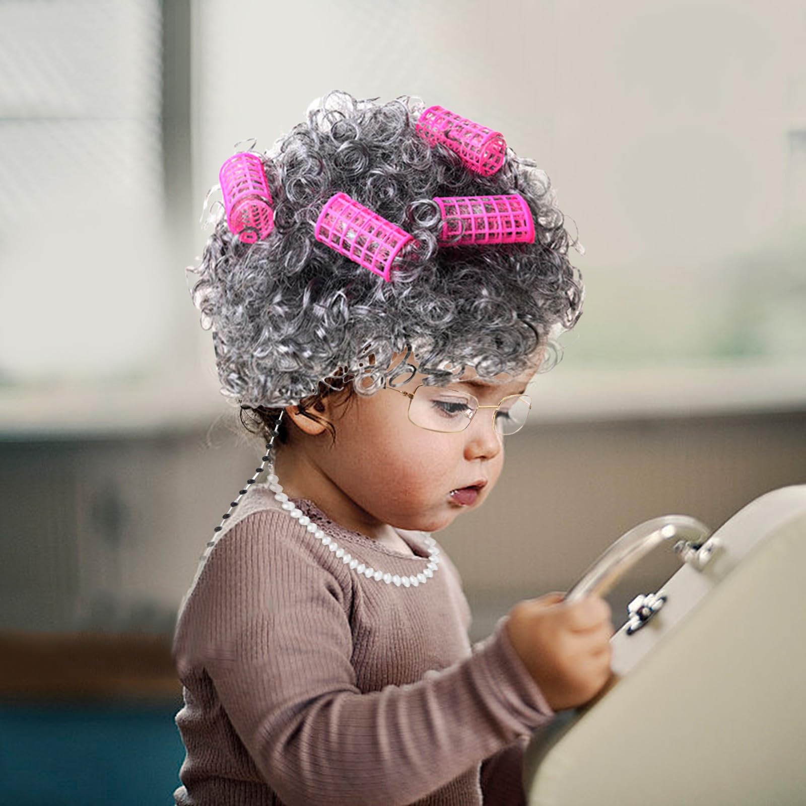 Play Activity Toy Old Lady Costume For Kids Of School Costume Granny Old Lady Wig Dress Up Accessory Curler (E, One Size)
