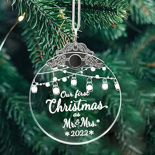 Adornos de decoración de boda con texto en inglés "Our First Christmas as Mr Mrs Married Newlywed Gift Newlywed Holiday Keepsake Glass Decor Gifts