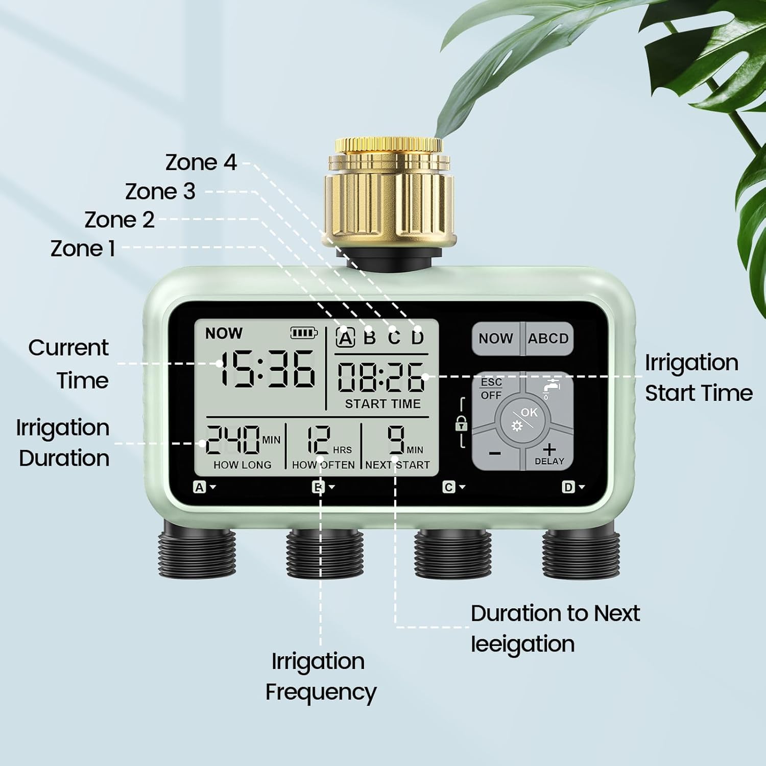 Johgee 4 Zone Water Timer with Brass Inlet for Irrigation Sprinkler Timer 4 Outlet, Garden Hose Timers - Image 2