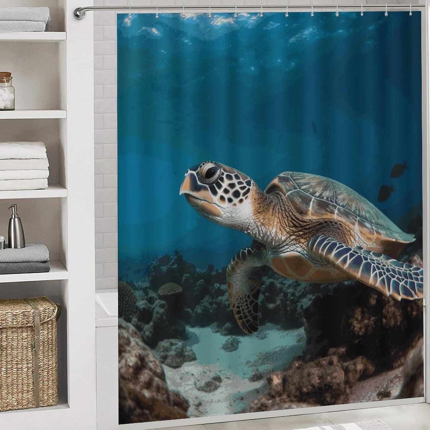 Sea Turtle Shower Curtain Set 4 Piece, Non-Slip Bath Mat with Toilet Lid Cover and Waterproof Shower Curtain with 12 Hooks, Complete Bathroom Set for Home Decor