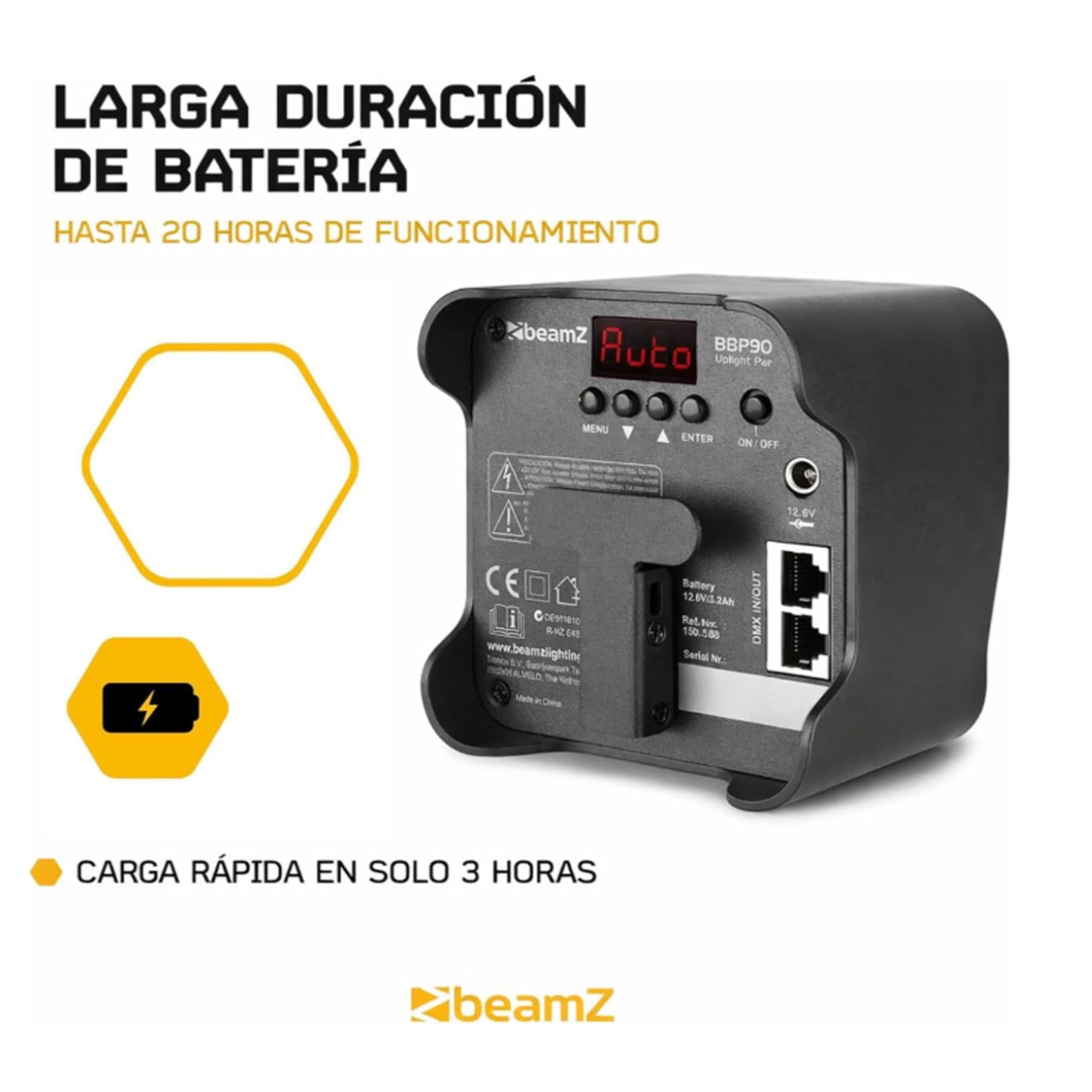 BeamZ BBP90 Pack 2 focos PAR LED RGB-UV 4x4W con batería | Pack profesional, funcionamiento inalámbrico, montaje rápido, para eventos y alquiler