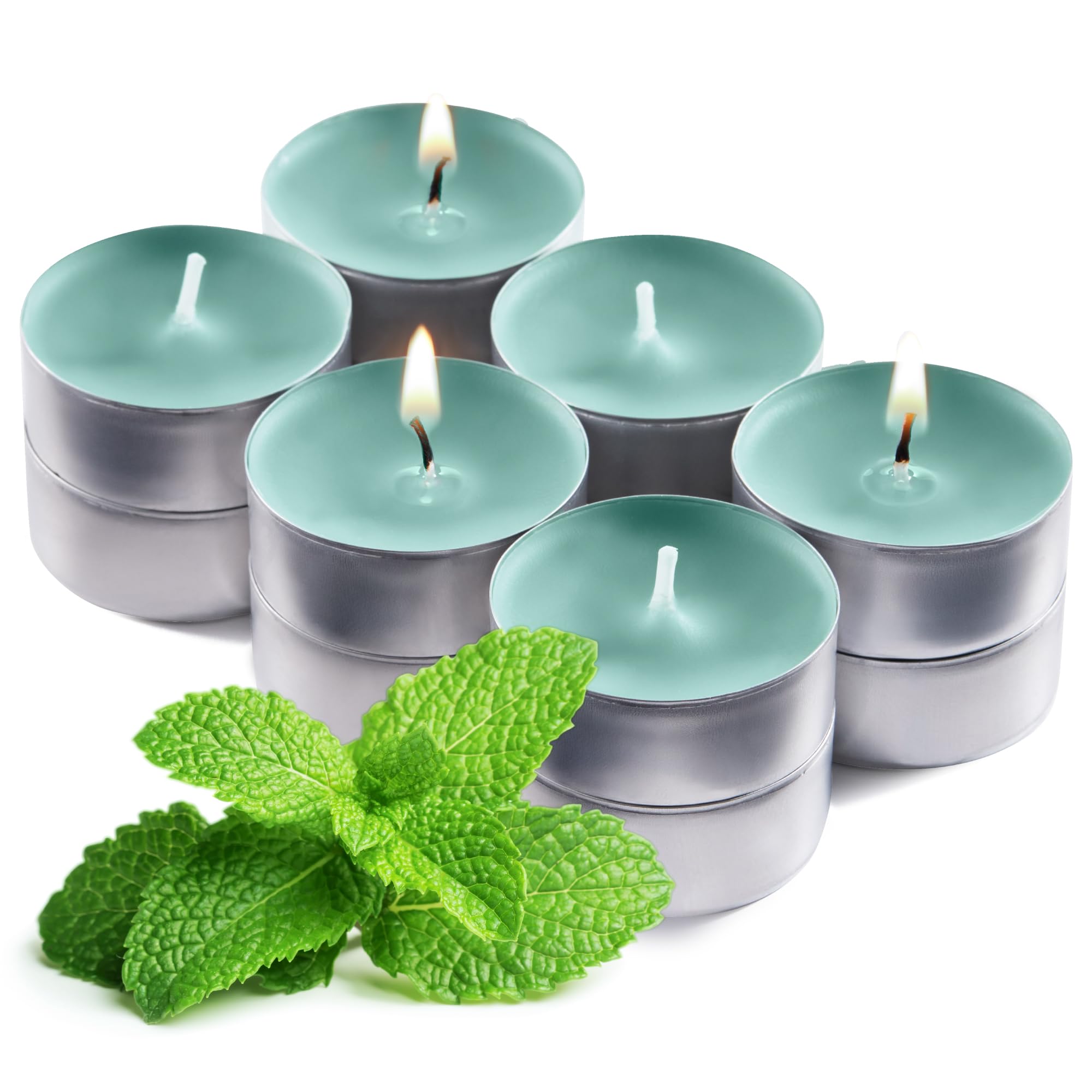 Mint Green Scented Tealight Candles - Pack of 12 Scented Tea Light Candles with Long Lasting Aromas - Minty Hammam Fragranced Green Tealight Candles - 4 Hour Burn Time