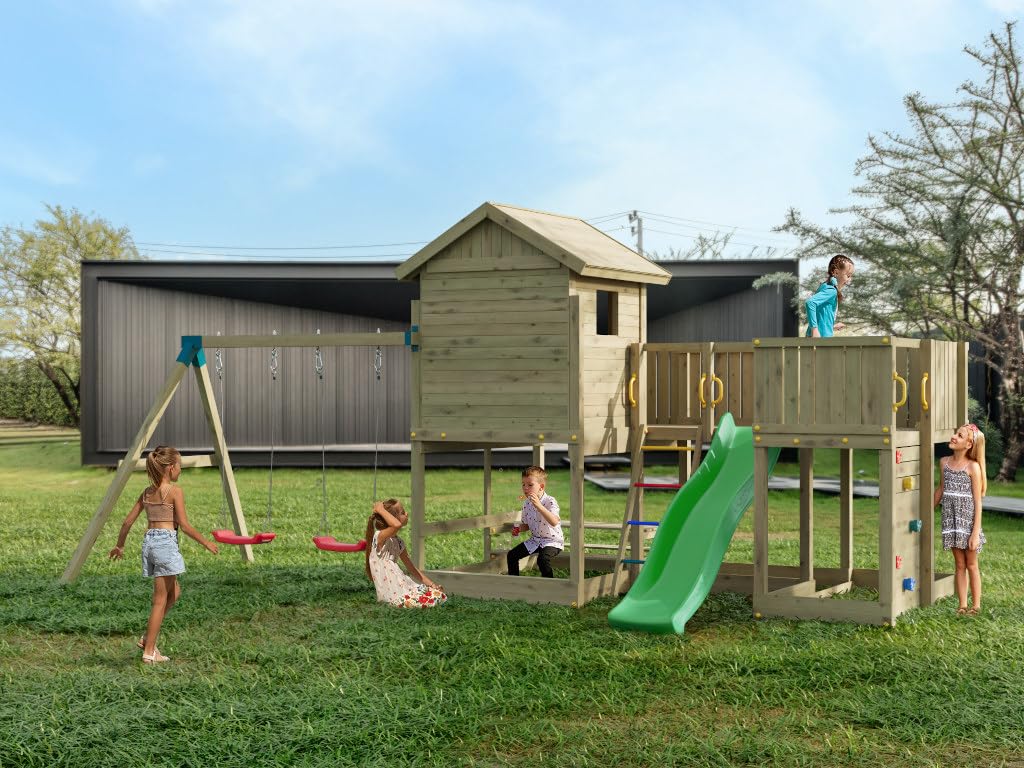 Longstepper Stelzenhaus Grün 575x300x275 cm, Kesseldruckimprägniertes Garten Spielhaus, Inklusive Doppelschaukel Rutsche Kletterwand Und Picknicktisch, Robustes Holz Spielgerät Für Den Garten, 0 x ...