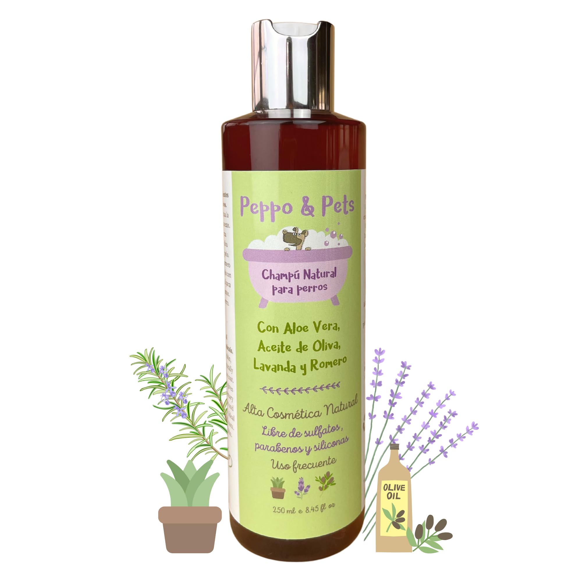 Peppo and Pets-Champú Natural para perros-250 ml-Libre de sulfatos, parabenos y siliconas-Apto para Cachorros y Pieles sensibles-con Aloe Vera,Lavanda,Romero y Aceite de Oliva ecológico