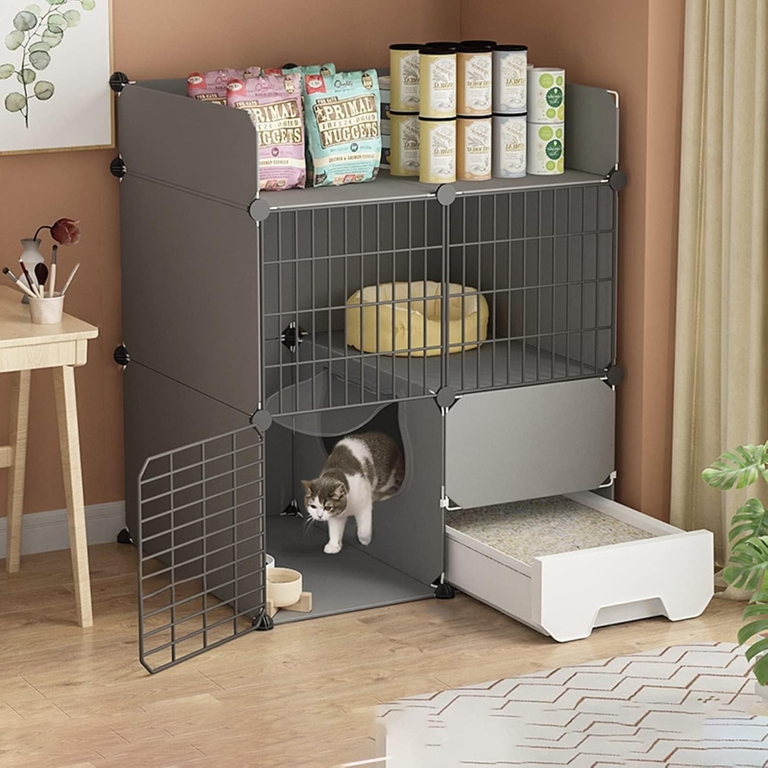 Collapsible Indoor Cat Cage with Litter Box, Portable DIY Kitten Playpen for Small Animals, Sturdy Metal Cage for 1-2 Cats(75 * 49 * 88cm)