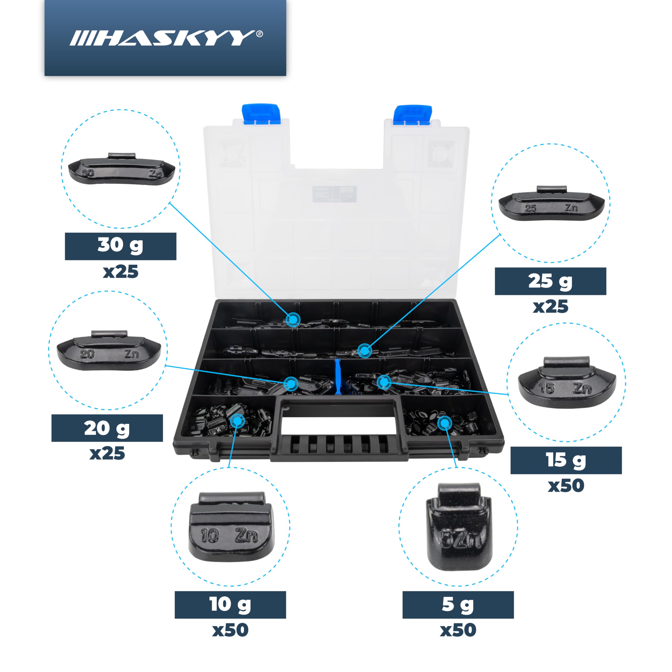 HASKYY Auswuchtgewichte Schlaggewichte Wuchtgewichte 225 TLG. 5-30g für Stahlfelgen inkl. Organizer Systemkoffer
