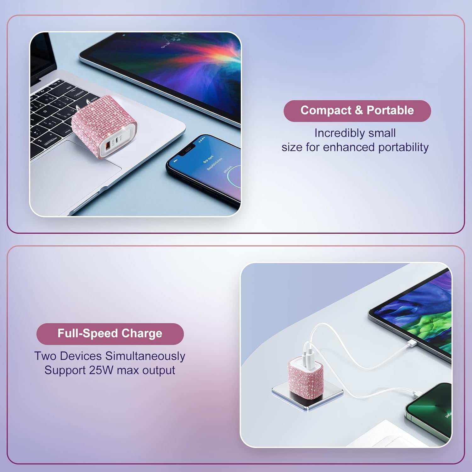 Aolcev for iPhone Charger Fast Charging Bling 2 in 1 USB A USB C Charger Block 25W Type C Fast Charging Blocks for iPhone 17 16 15 14 13 iPad Bling USB C Adapter for Galaxy S25 S24 Rhinestones Pink - Image 6
