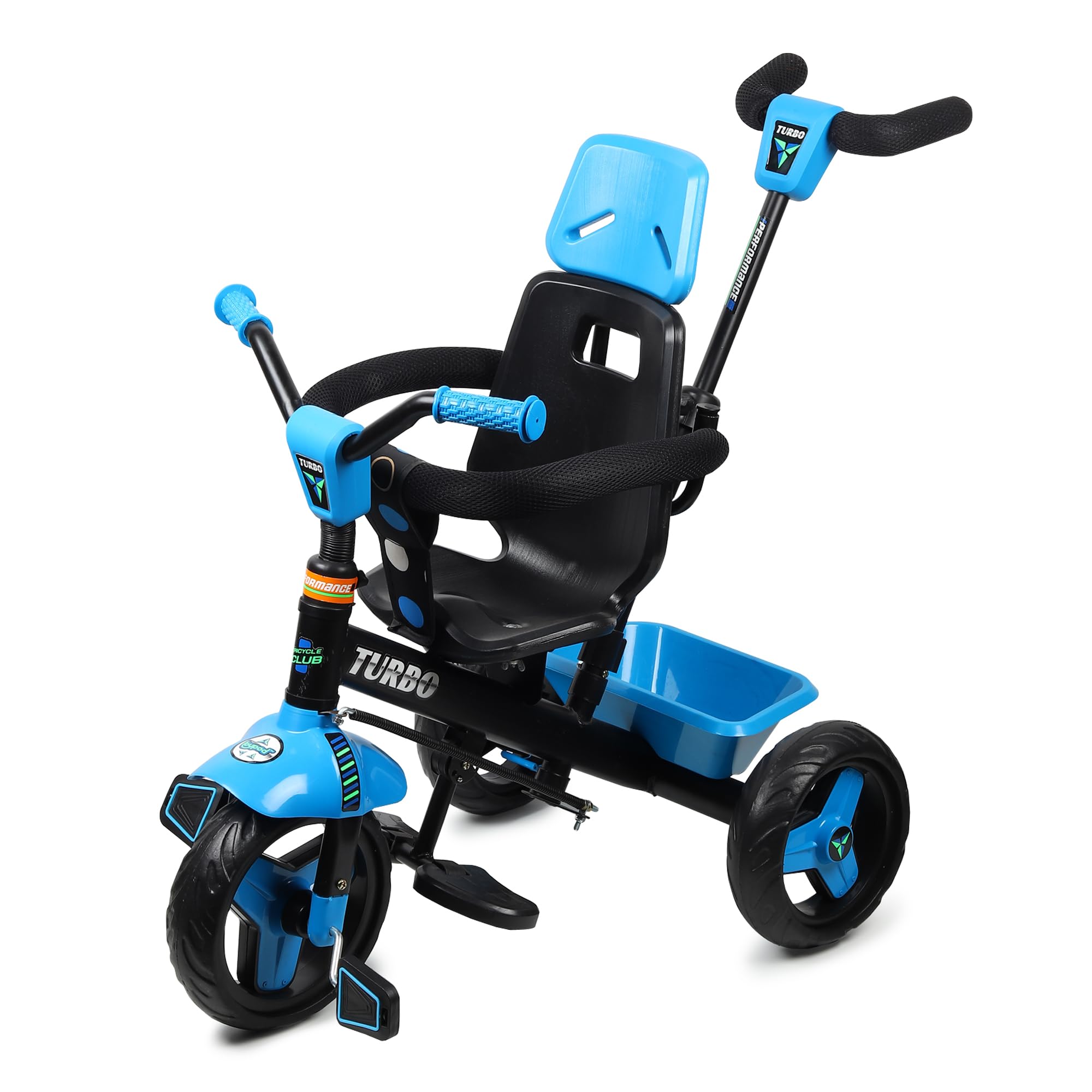 TOY POD Kids Tricycle with Parental Push Handle, Padded Seat with Safety Belt, Storage Basket, Anti-Slip Pedals, Sturdy Steel Frame and Comfortable Design for Toddlers and Kids (Black/Blue, 1–4 Years)-image-1