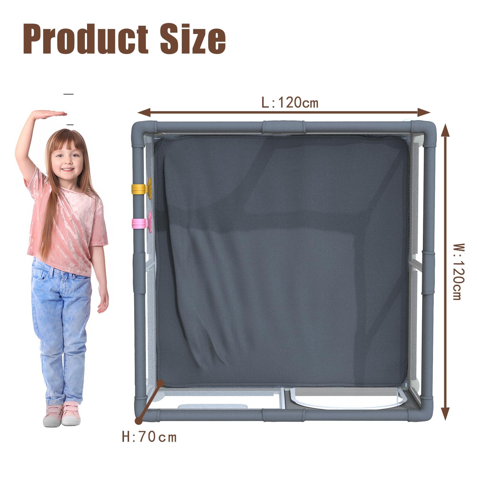 Laufstall Baby 120x120cm, Laufgitter Baby mit 2 Zugringen, Kinder Laufgitter mit Atmungsaktivem Netz und Reißverschluss für Kleinkinder, Dunkelgrau