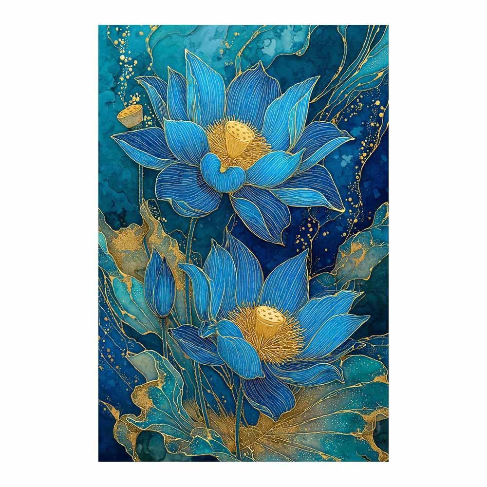 Hoqiu Multicolor Flowers Canvas Blue Lotuses Gold Art Artwork, Wall Decoration Living Room Bedroom Hallway Stairs Decoration.(Multicolor)-80X120cm Unframed