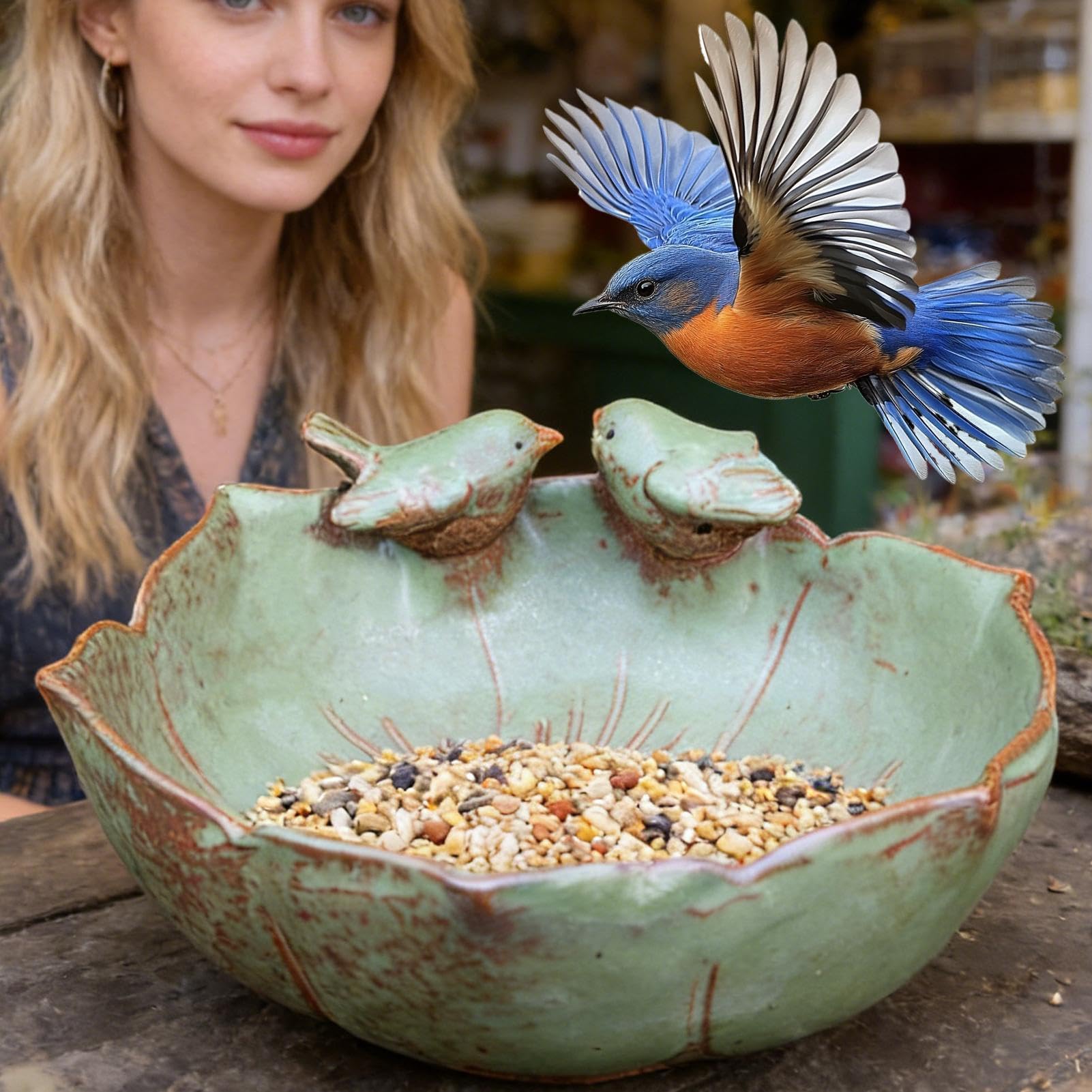 Baño para pájaros para exteriores, gran recipiente decorativo para comida, cuenco de cerámica para baño de pájaros o plantas, para jardín, patio, terraza, balcón, césped, alféizar de ventana interior