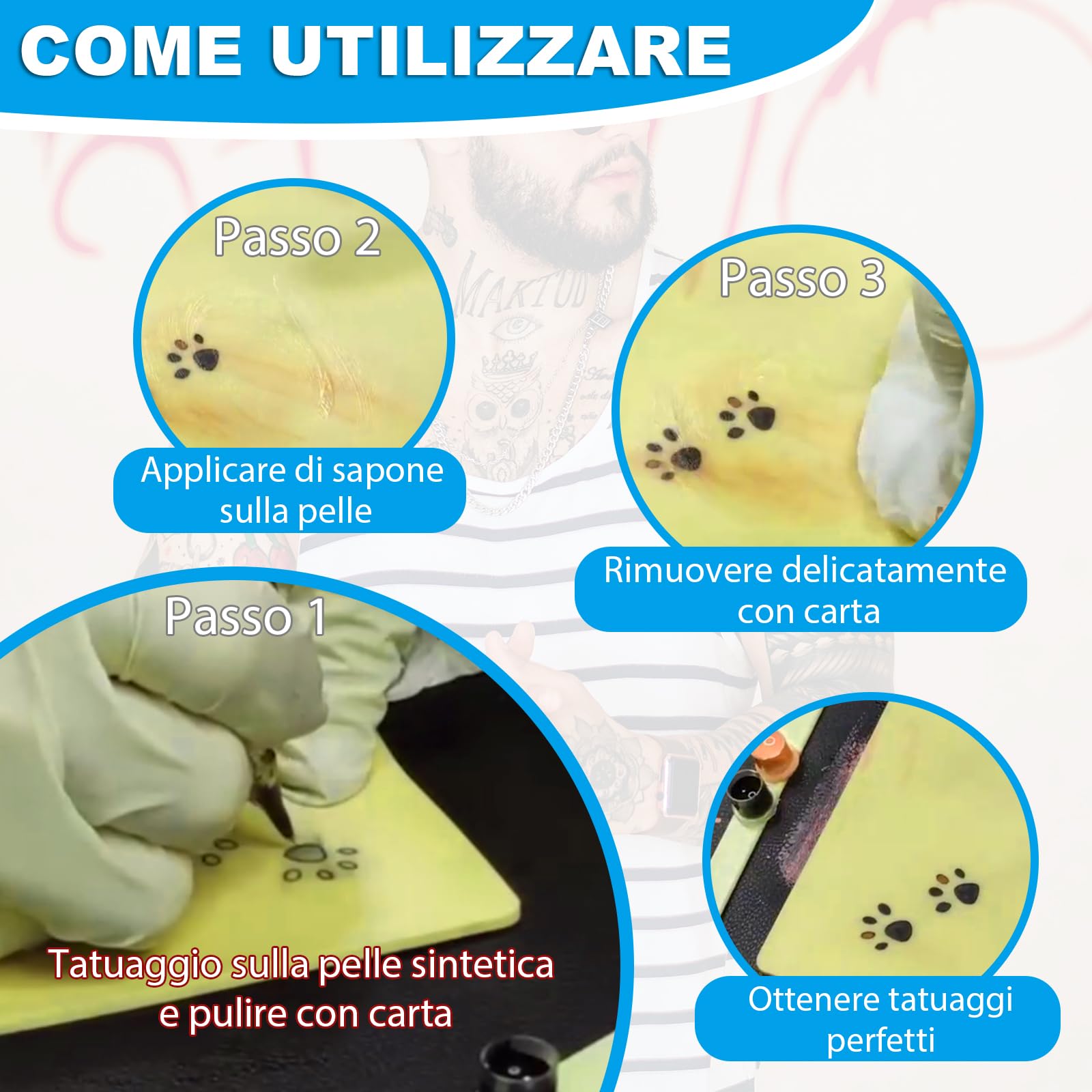 EMALLA Pelle Sintetica Tatuaggi 3mm 5 pezzi A4 Silicone Tatuaggio Pelle Finta 30cm x 20cm Tattoo Skin per Principianti e Artisti