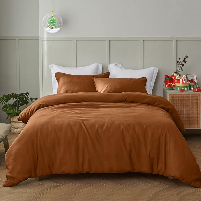 Simple&Opulence Linen Duvet Cover Double,Natural Linen Cotton Duvet Cover with Pillowcase,Duble Size Bedding Set,Soft Warm Breathable Bed Quilt Cover with Button Closure,200x200cm,Pumpkin