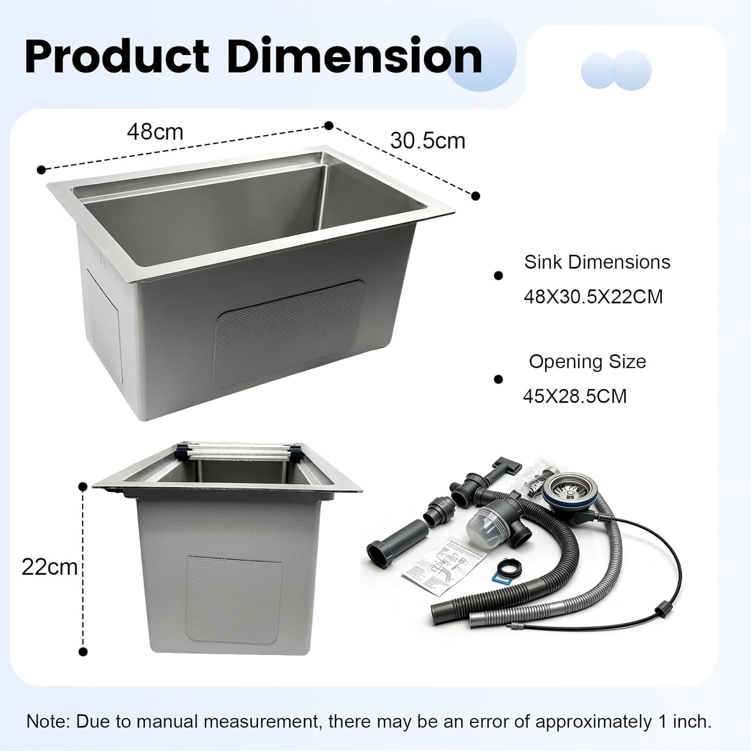 Stainless Steel Glass Rinser Bar Sink, Single Bowl Countertop Sink With Cup Washer, Drain Knob, Waste Pipe, Home Bar Prep Sink For Pub, RV, Drop-In/Undermount Workstation Sink(48x30.5x22cm)