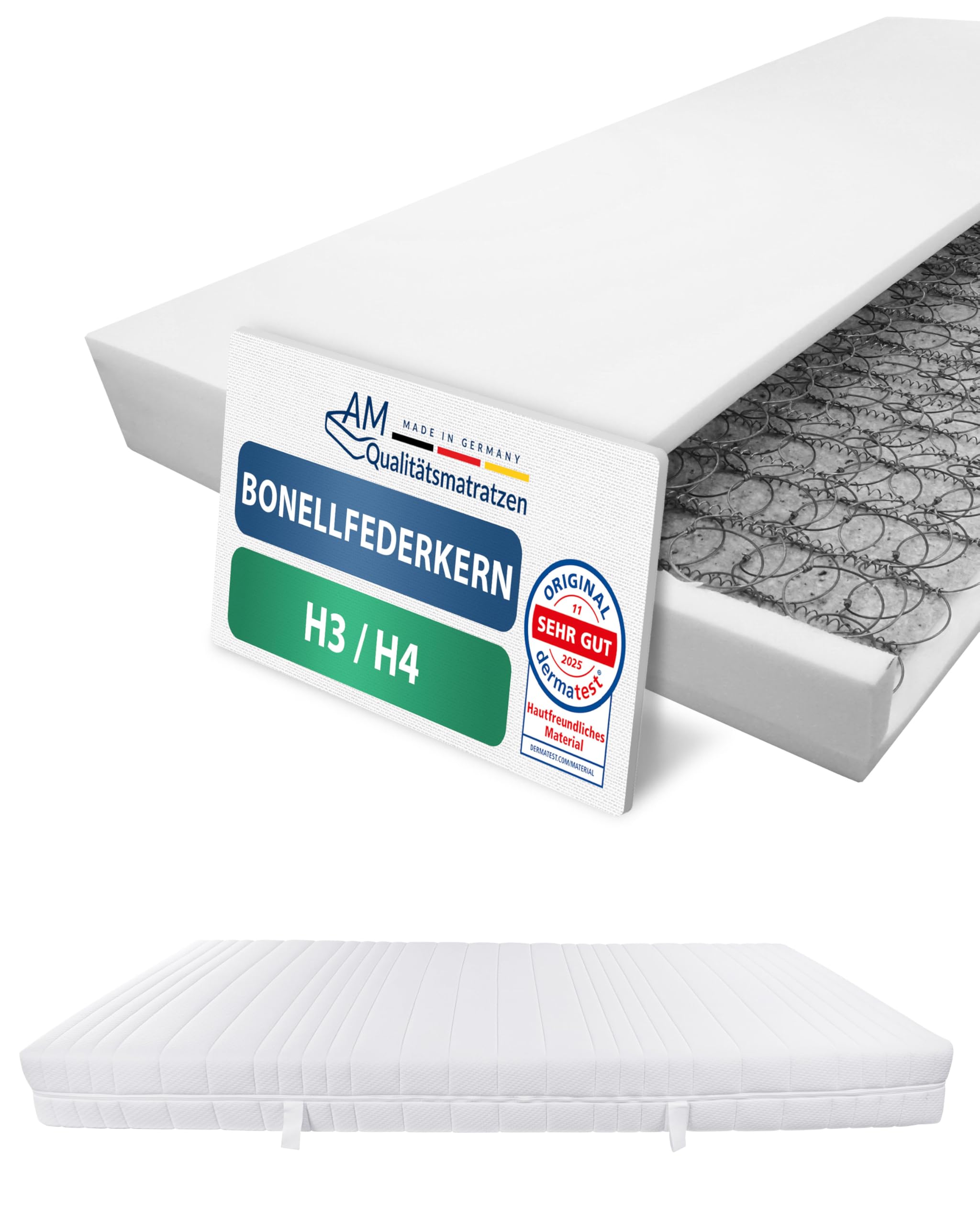 AM Qualitätsmatratzen Bonell Federkernmatratze 90x200 cm – Made in Germany, H3/H4, Anti-Schwitzen, OEKO-TEX