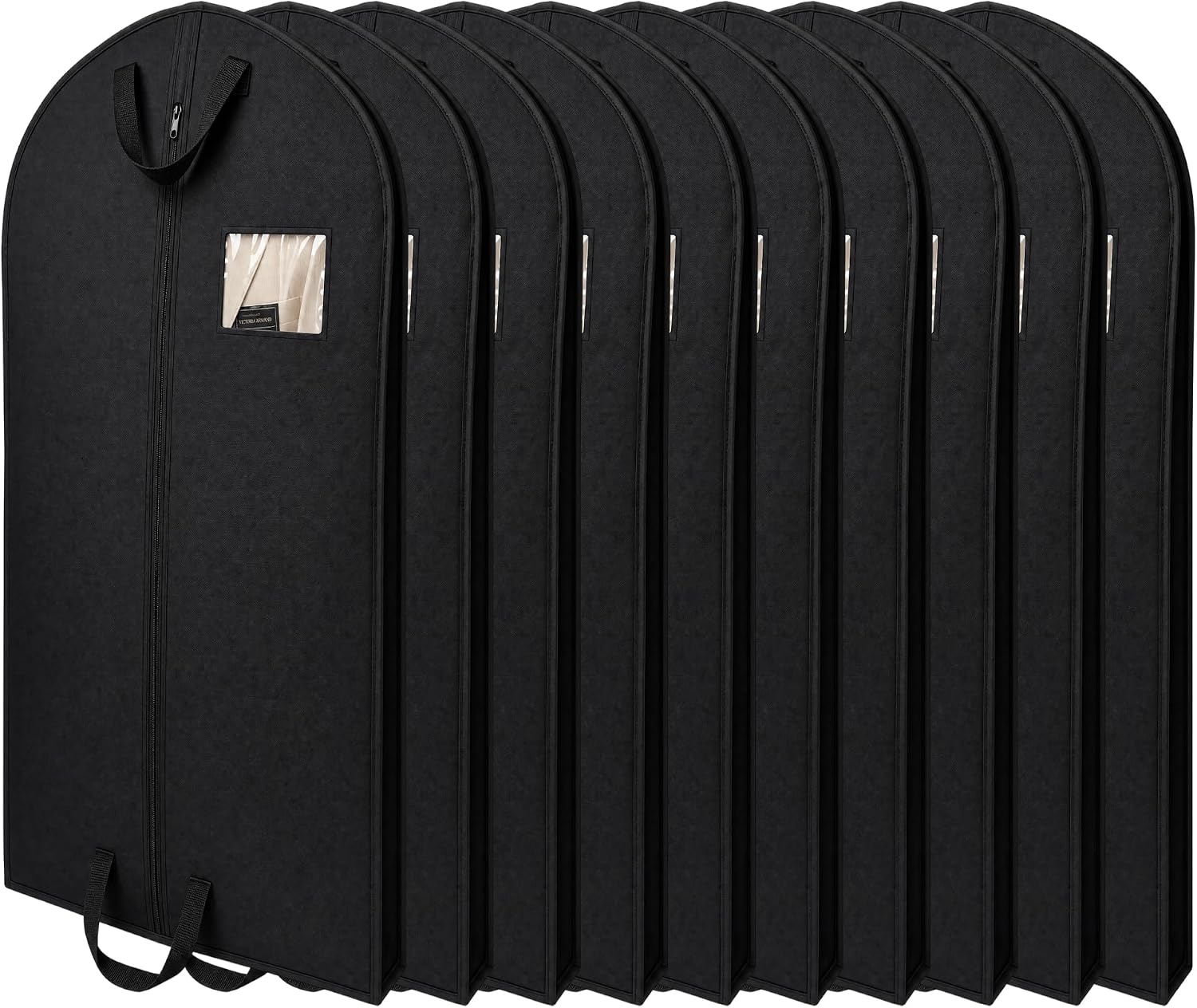 Garment Bag for Travel – 10-Pack, 42” Long Suit Protector | 82 GSM Heavyweight Fabric Dress Bag, Reinforced Handle, Black Breathable clothe Hanging with Zipper & Clear Window.