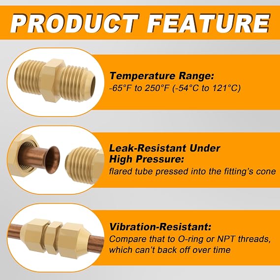 3/8 Male Flare x 3/8 Male Flare Connector Union, 20pcs SAE 45 Degree Brass Adapter Union Tube Coupler Pipe Fitting for Air Gas Line