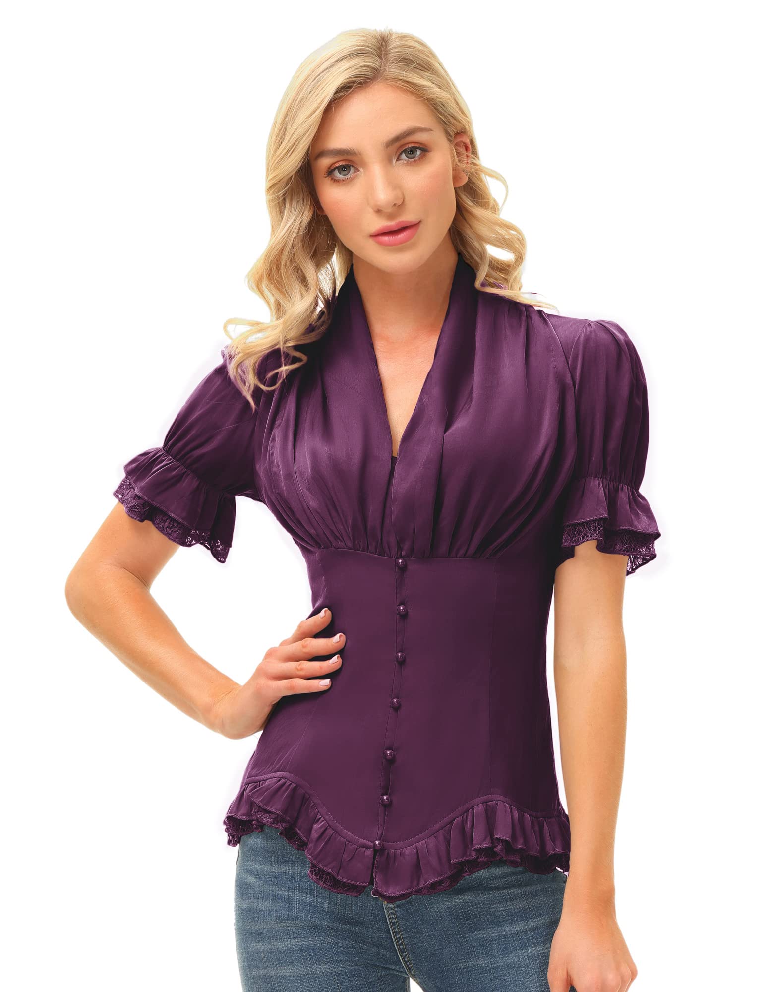 Scarlet Darkness Damen-Bluse, Kurzarm, Viktorianischer Stil, elegant, Schößchen, Oberteil mit Schnürung | Ideal für Ren-Faire, Piratenfest, Büro, Business, Alltag. V-Ausschnitt, Button-Down, Schnürung hinten, Spitzen-Patchwork
