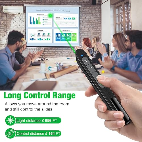 Vista 39 de Presentation Clicker puntero láser verde, recargable PowerPoint Clicker Wireless Presenter Remote, RF 2.4GHz USB Presentation Pointer Slide Advancer