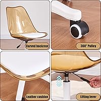 Vista 4 de Silla de escritorio transparente, silla de oficina de acrílico sin brazos con ruedas, giratoria de 360° y silla de tocador de altura ajustable