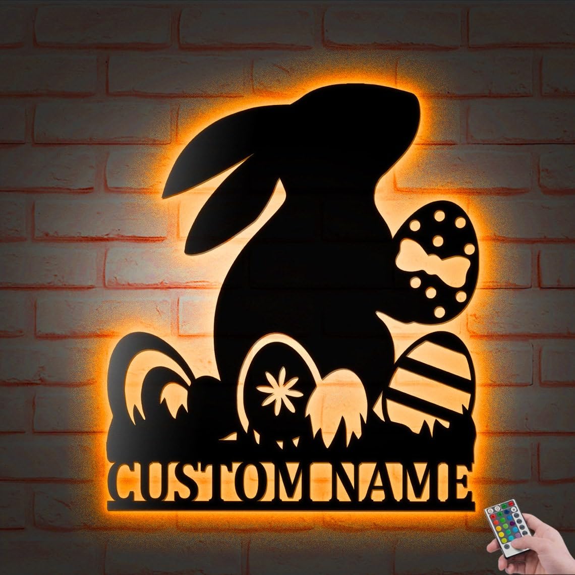 Custom Bunny With Easter Eggs Led Lights Metal Wall Art Personalized Rabbit Name Decoration Hanging For Home Easter Bunny With Flowers Decor