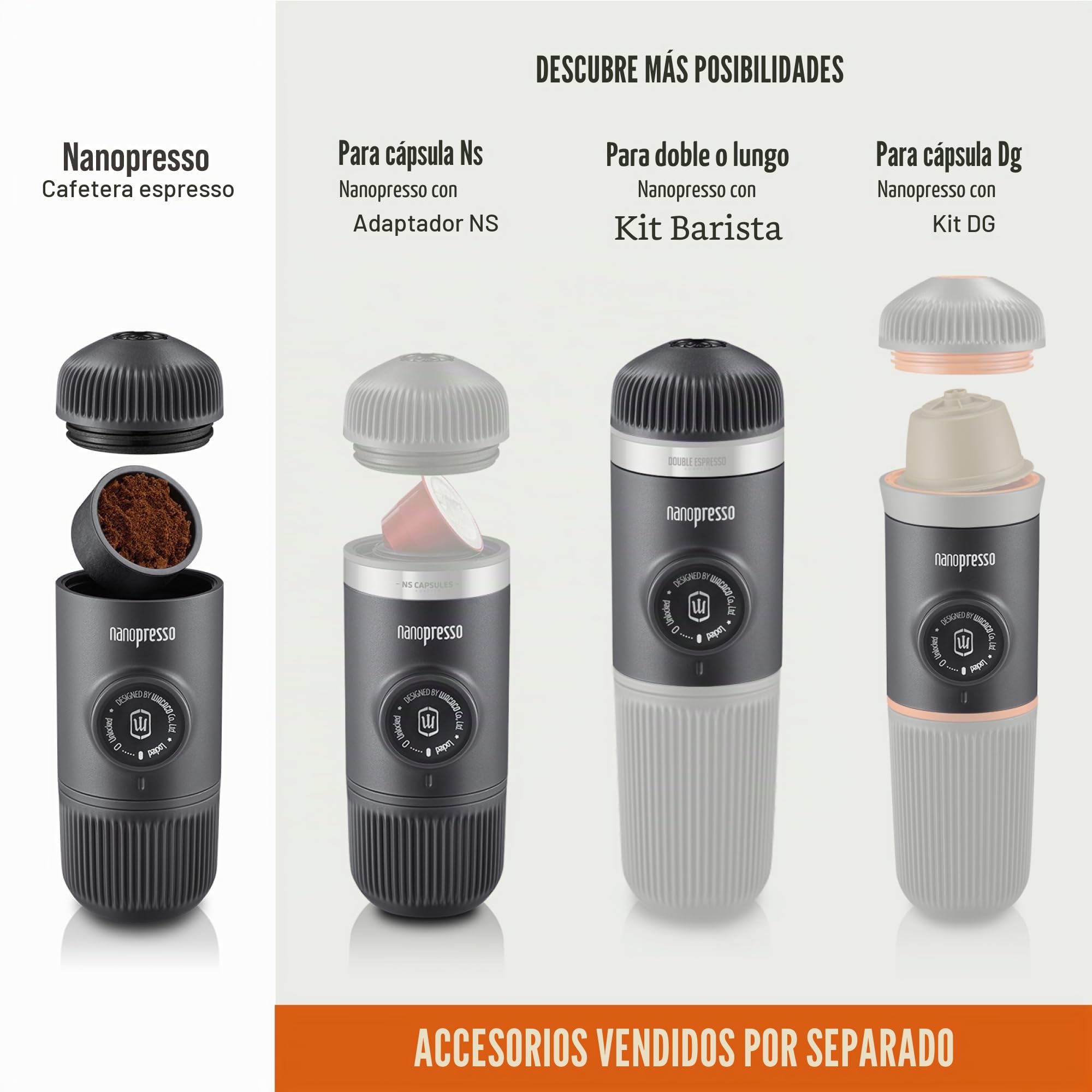 WACACO Nanopresso Cafetera Espresso Portátil, Versión Mejorada de Minipresso, 18 Bar de Presión, Cafetera de Viaje, Operada Manualmente, Mini Máquina de Café para Camping, Gris