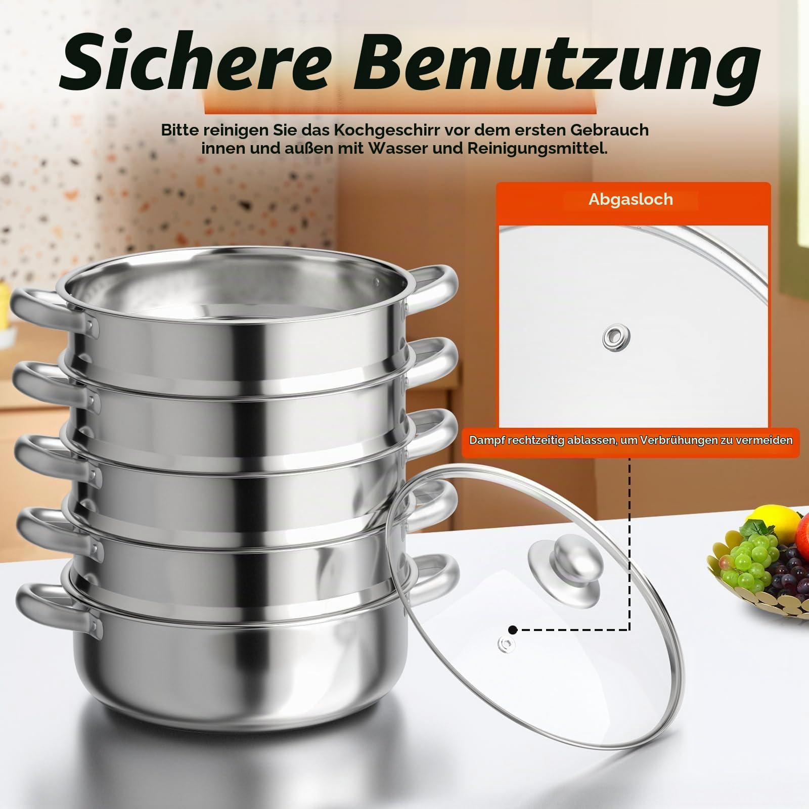 5 Lagiger Dampfgarer, 30cm Multifunktionale Edelstahl Steamer Dampfkocher Kochtopf Set mit Glasabdeckung, Silbrig Edelstahldampfer Topf für Alle Herdarten wie Induktion, Elektrokeramik, Elektro