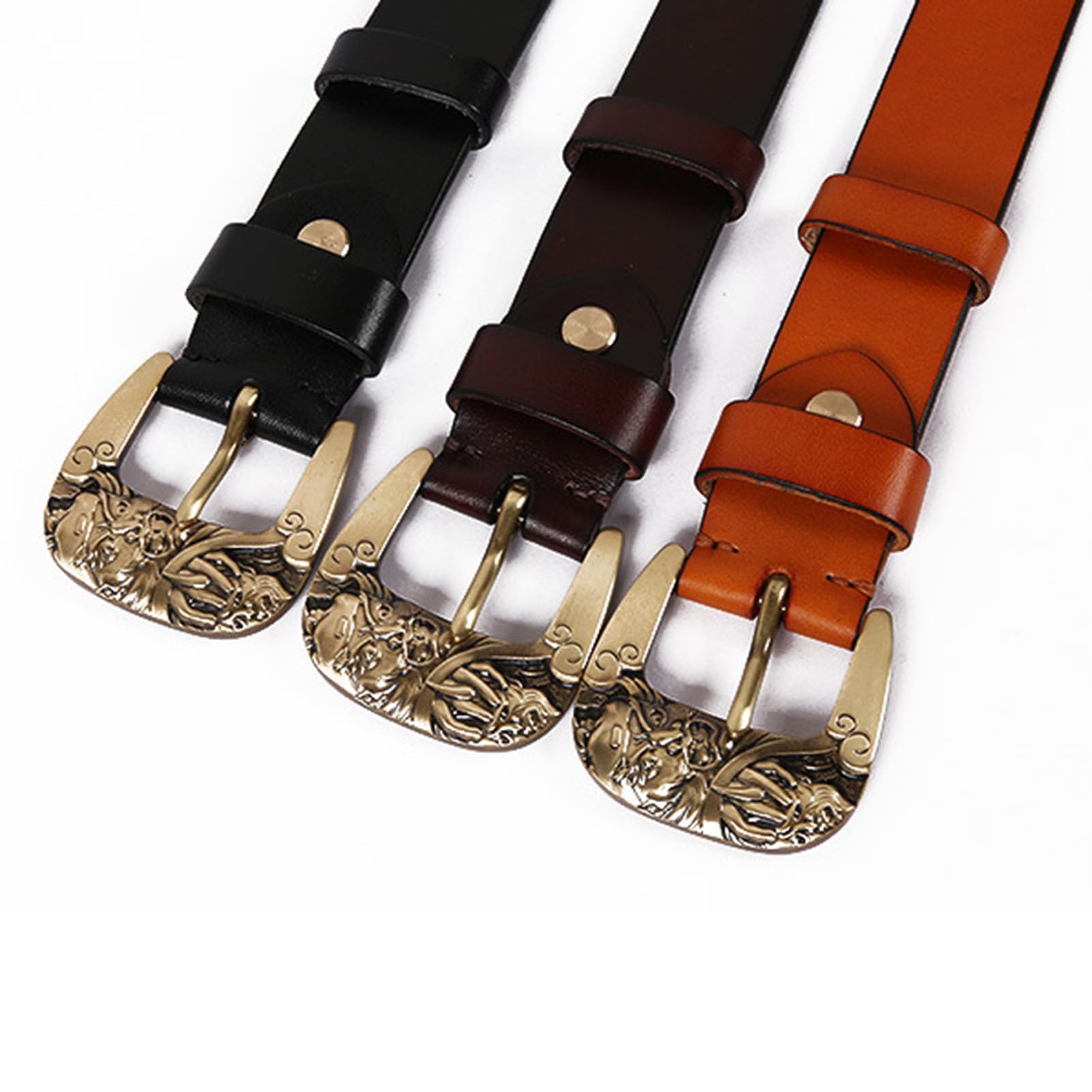 Echter Leder-Gürtel Herren Damen 3.8cm Breit, Ledergürtel Handgemacht Vollrindleder Riemen Gürtelschnallen Mit Schnitzen Golden Metall Dornschnallen(100cm/39, Coffee)