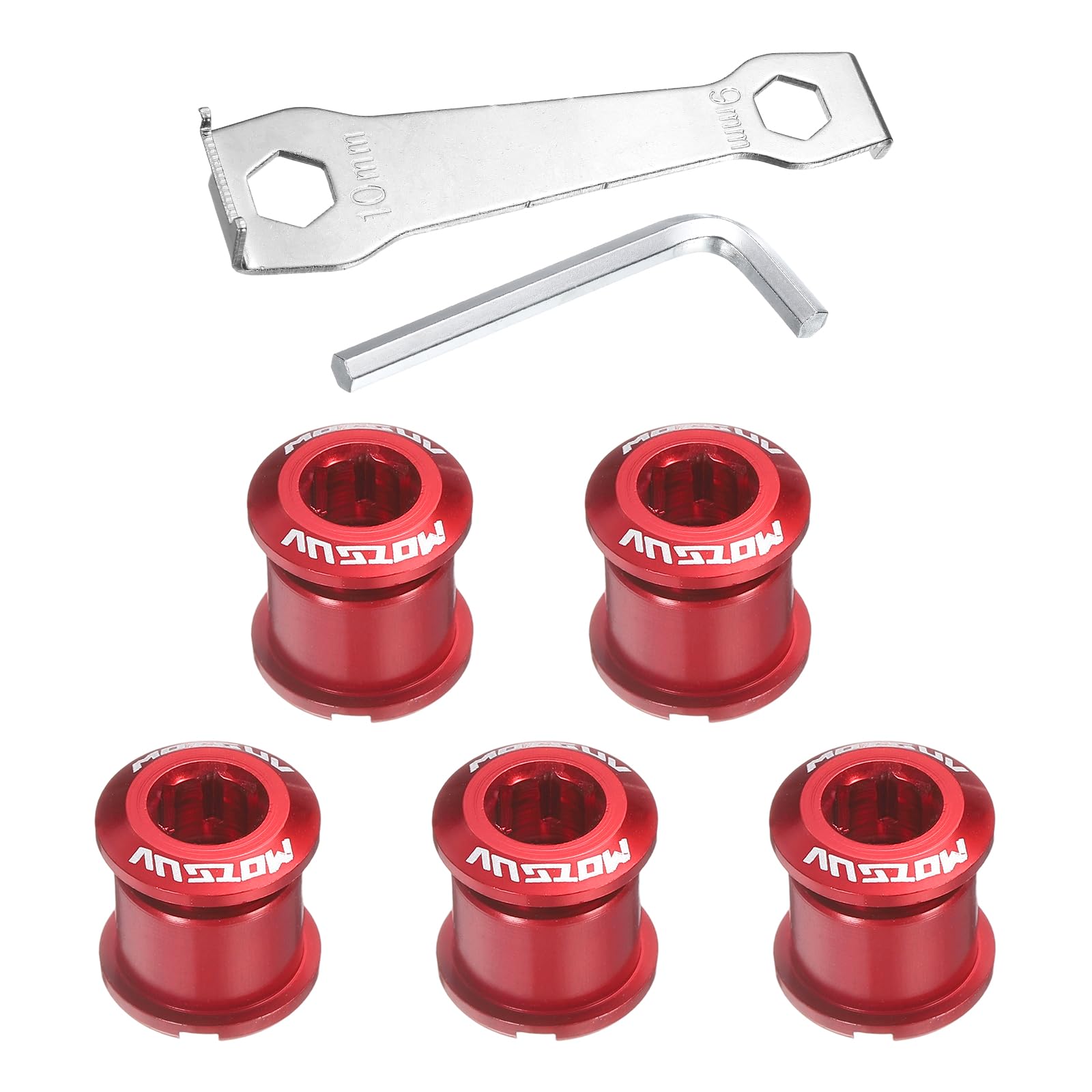 sourcing map 5pcs Double Chain Ring Bolts M8 Aluminum Alloy Bicycle Crankset Nut Chainwheel Screws with Mountain Wrenches for Road Bike Mountain Bike, Red — image 1