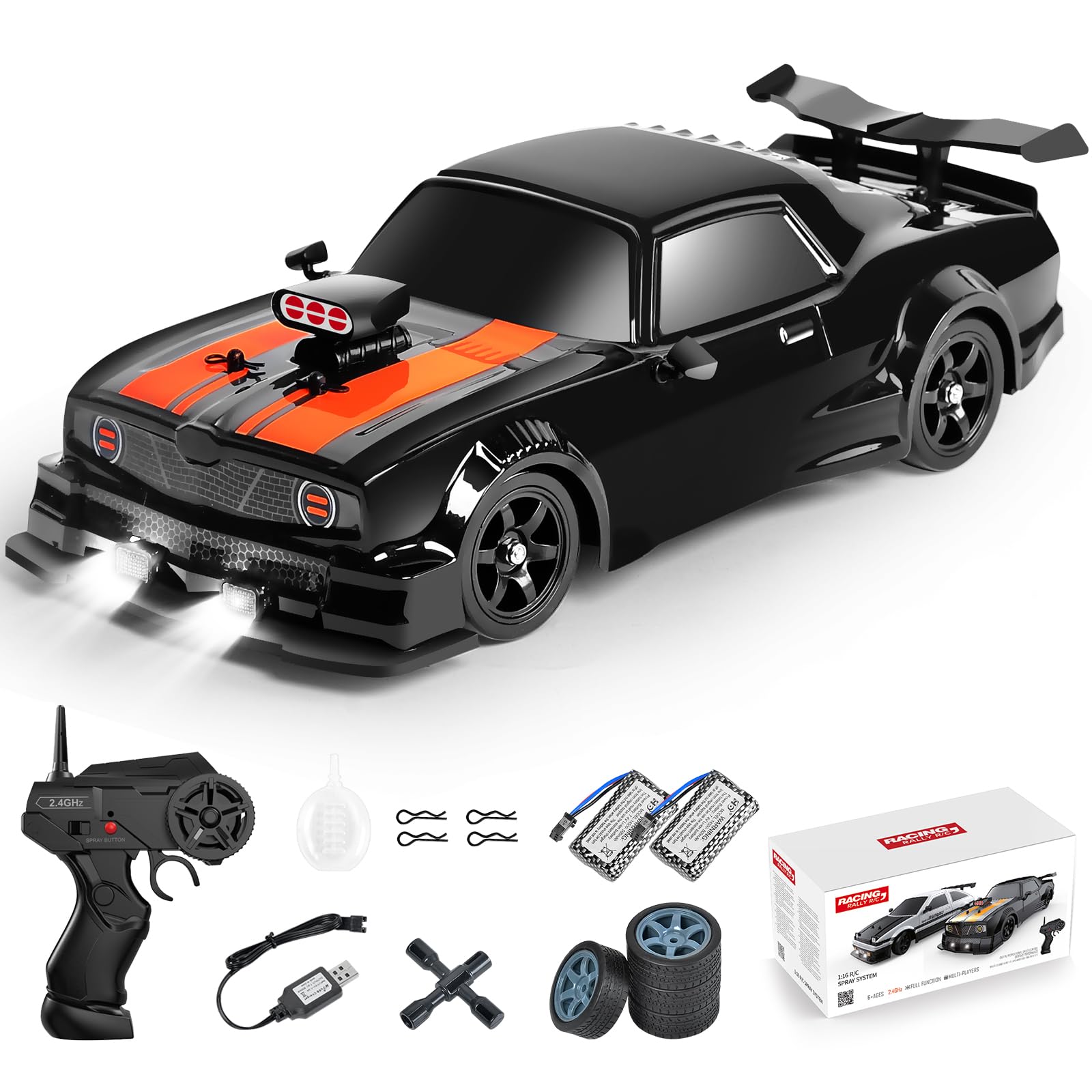 Fistone RC Drift Car 2.4GHz 1:16 Scale 4WD 18KM/H High Speed Remote Control Car with LED Lights, 2 Batteries and Rubber Tire, Racing Sport Toy Vehicle for Adults, Boys, Girls, and Kids