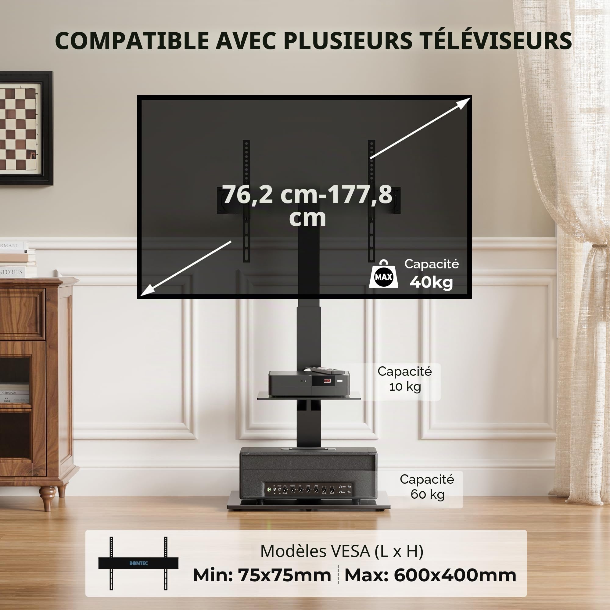 BONTEC Montage au Sol Support TV sur Pied pour 30-70 Pouces Téléviseurs Incurvés Plats LED OLED LCD jusqu'à 40 kg, Pivotant Hauteur Réglable avec 2 Etagères, Max VESA 600x400 mm