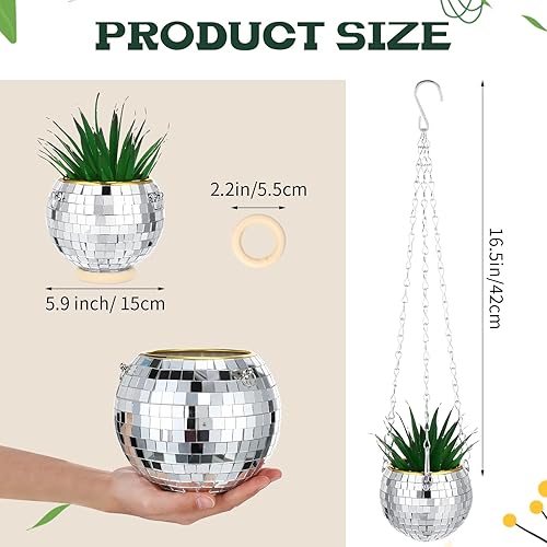 Miniatura 3 de Remerry 6 macetas de bola de discoteca de 3 pulgadas con espejo, maceta colgante bohemia con cadena y anillos de madera para plantas de interior y
