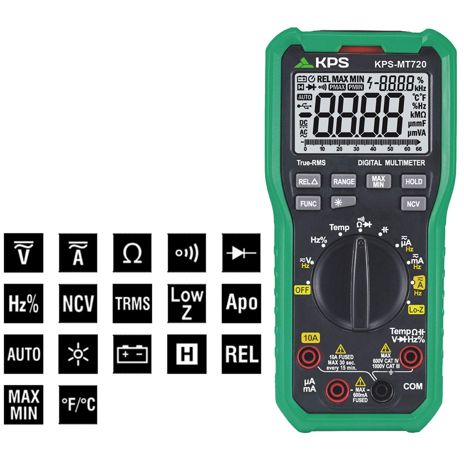 KPS-MT720 Multimetro digital TRMS Profesional baja impedancia 6600 cuentas, Tensión 1000V AC/DC, Corriente 10A AC/DC, NCV (Detección sin contacto), Temperatura CAT.III 1000V, CAT.IV 600V