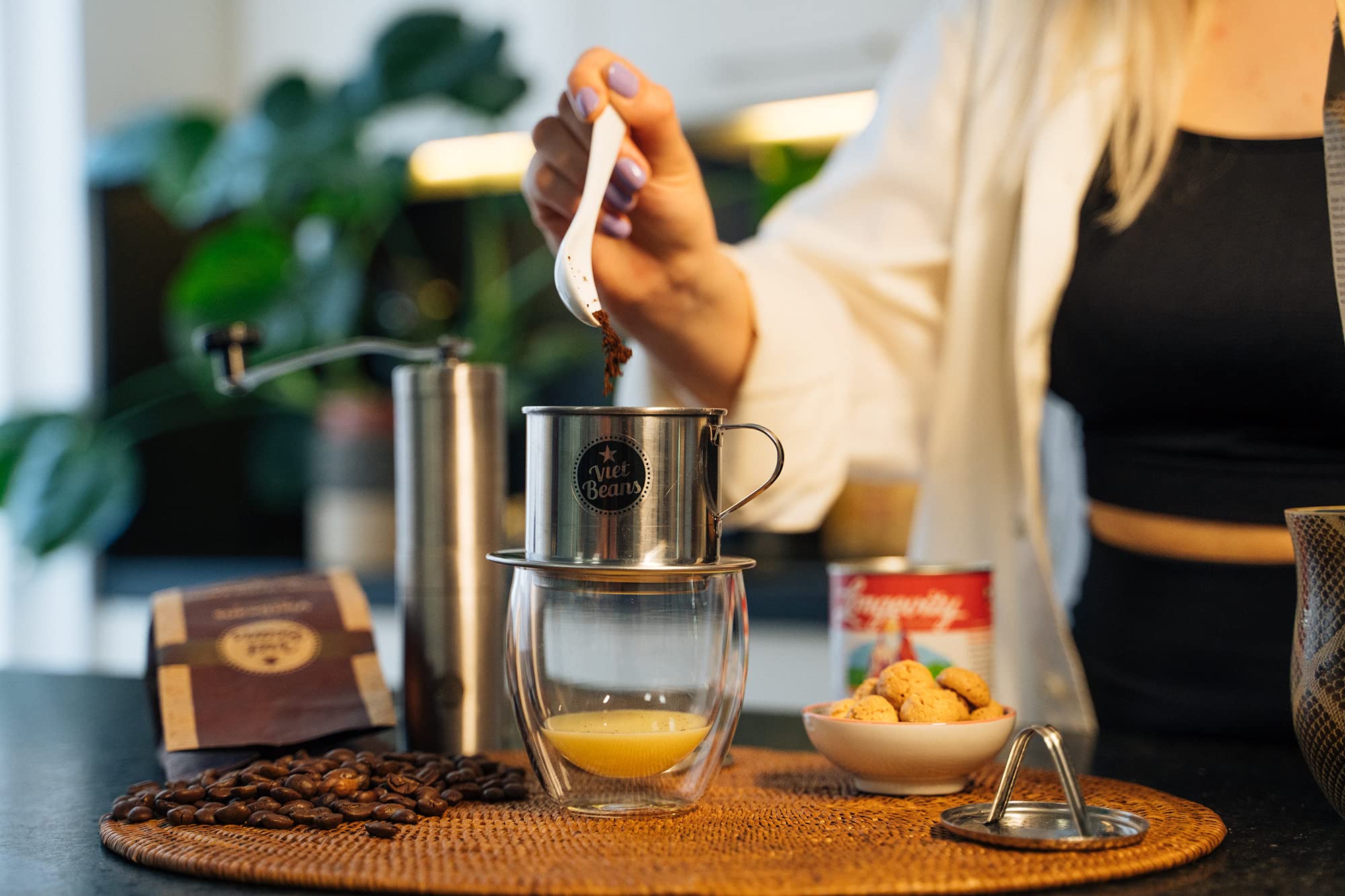 VietBeans Geschenkset Frühstück zu zweit Kaffeegeschenk 250g gemahlener Traditional 2x Edelstahlfilter Phin Kondensmilch