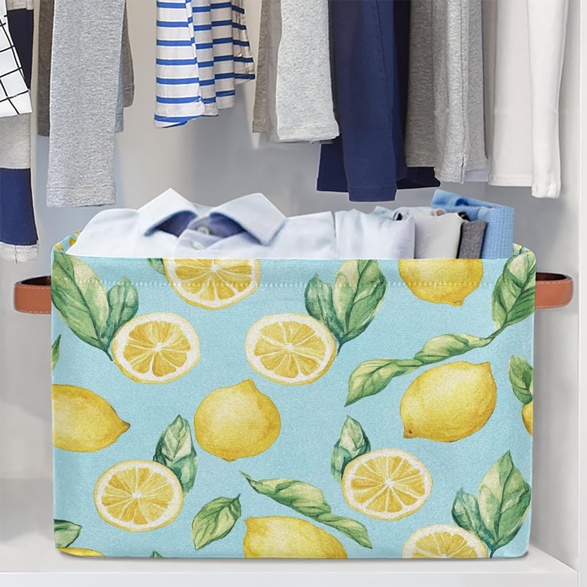 Mexpekil Cesta de almacenamiento de juguetes para niños, plegable, con hojas de limones amarillos, organizador de tela para estantes, cesta de regalo grande con asas, 2 unidades
