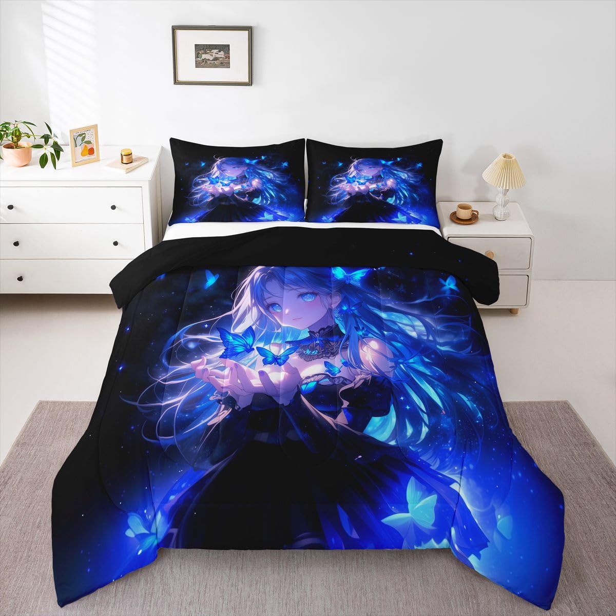 Erosebridal 3D Japanese Girl Kids Comforter Set | Blue Butterfly Decorations Bedding King,Cartoon Down Comforter Anime Gifts for Her Duvet Set for Bedroom