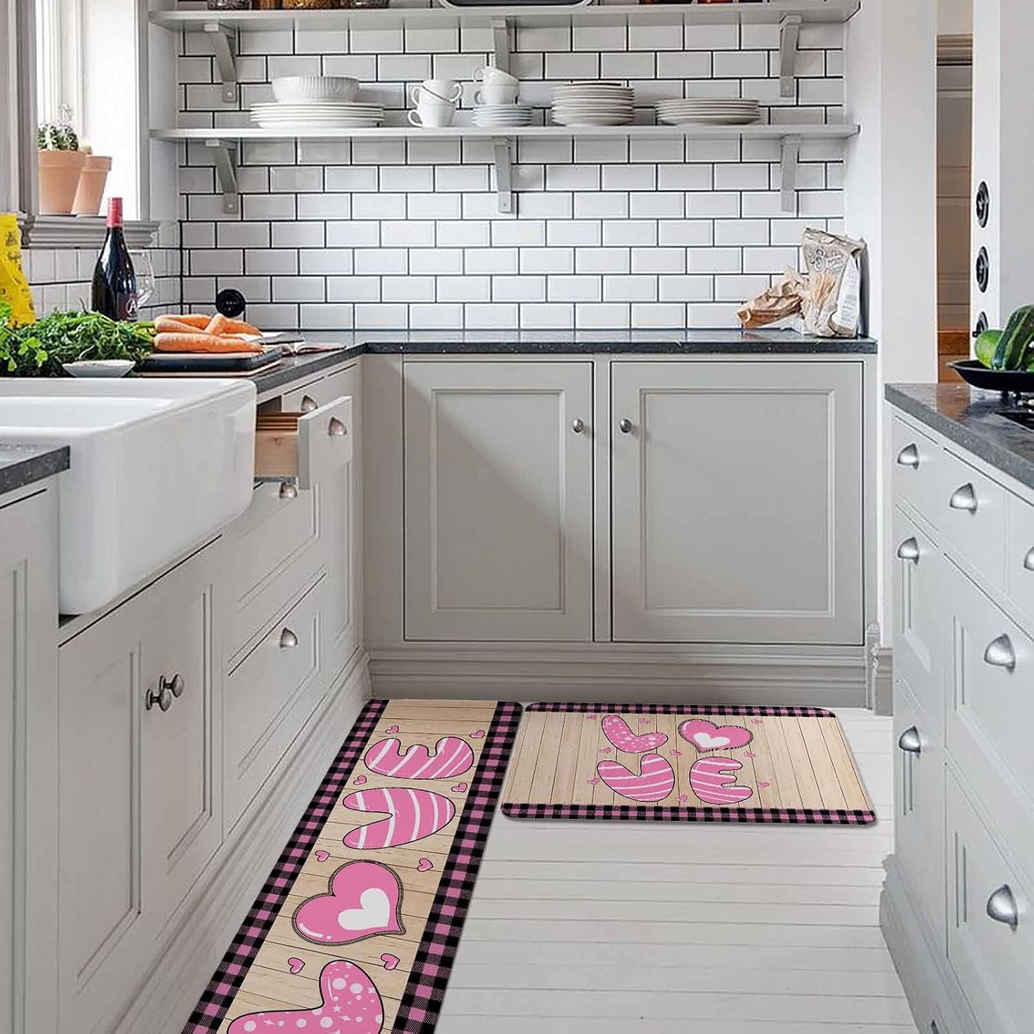 Happy Valentine's Day Kitchen Rugs and Mats Set of 2, Non-Slip Kitchen Sink Mat, Love Heart Wood Pink Black Plaid Washable Doormat Bathroom Rugs Runner for Bedroom/Living Room 19.7"x31.5"+19.7"x47.2"