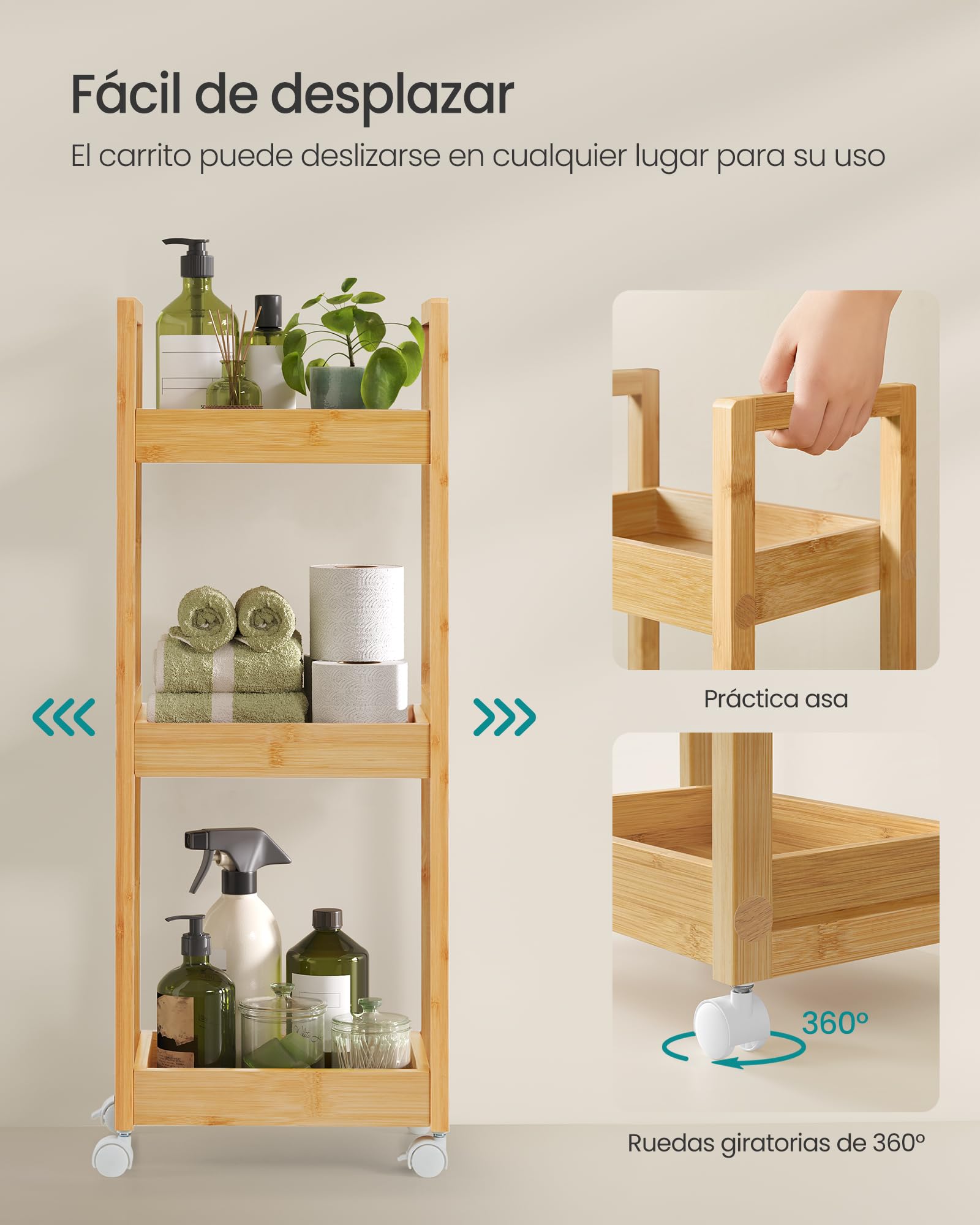 SONGMICS Carrito de Baño 3 Niveles Bambú Estrecho con Ruedas 20x30x80 cm Beige Natural