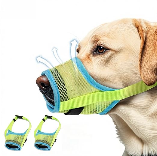 2 Pack Breathable Dog Muzzle - Soft Mesh Dog Mouth Guard with Comfortable Nose Protection, Adjustable Pet Safety Muzzle for Medium Large Dogs, Prevents Biting Barking (Fluorescent Green, Large)