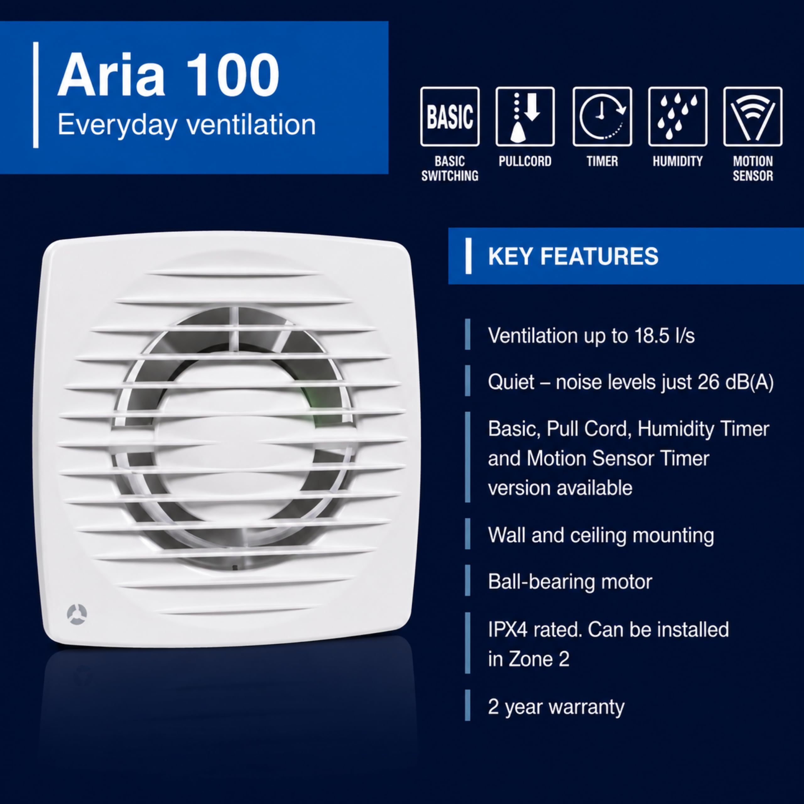 Airflow Aria 100MST Ventilatore Estrattore Per Bagno Con Sensore Di Movimento, 100MM/4”, A Basso Consumo 6.3W, Portata 18.5 L/S, SFP 0.34 W/L/S, Funzionamento Silenzioso 26DB, Garanzia 2 Anni