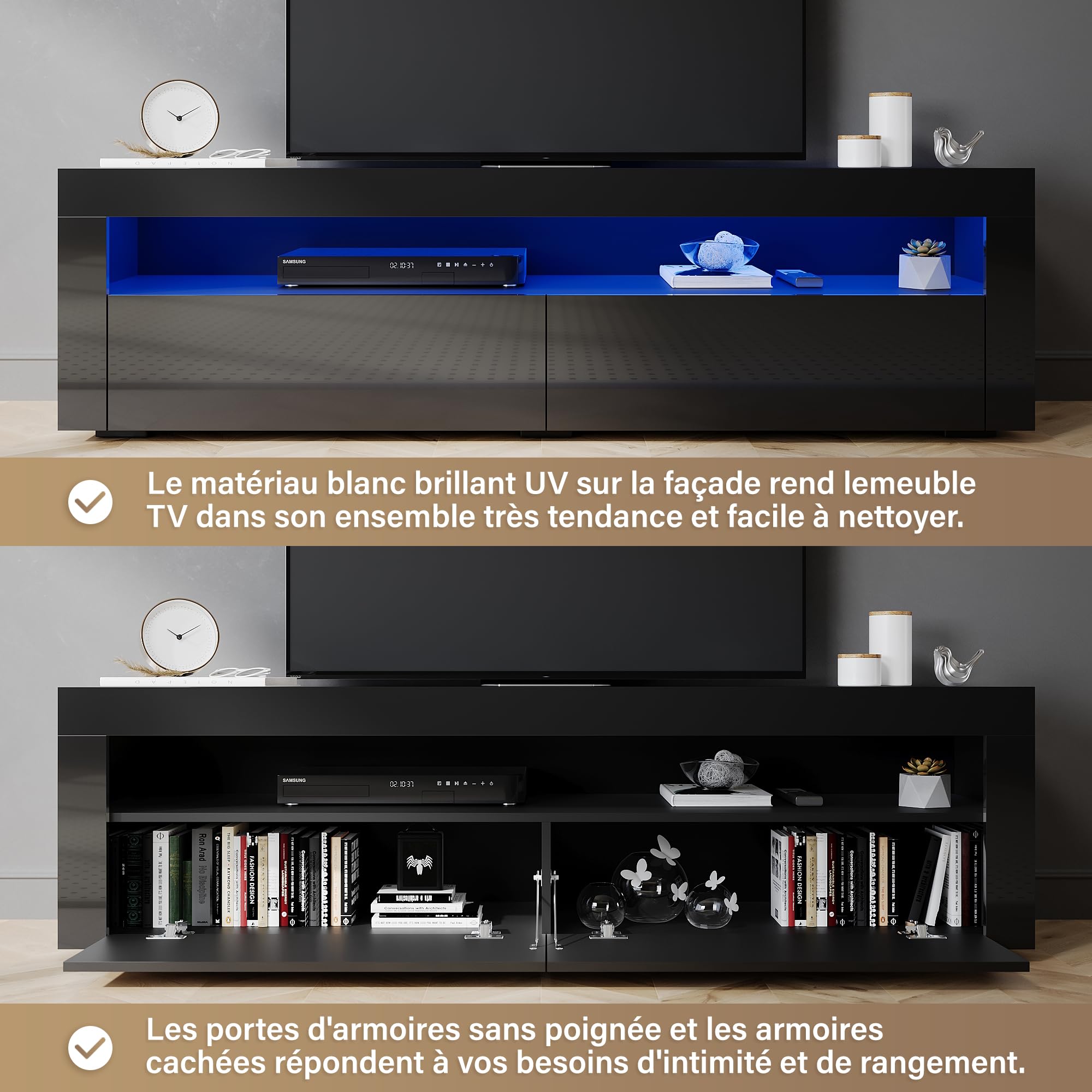 SIRHONA Meuble TV Noir, Meuble Tele avec LED, Éclairage LED RGB avec Couleur réglable, 2 Placards avec Portes, 160x40x45cm, Convient pour Salon ou Chambre
