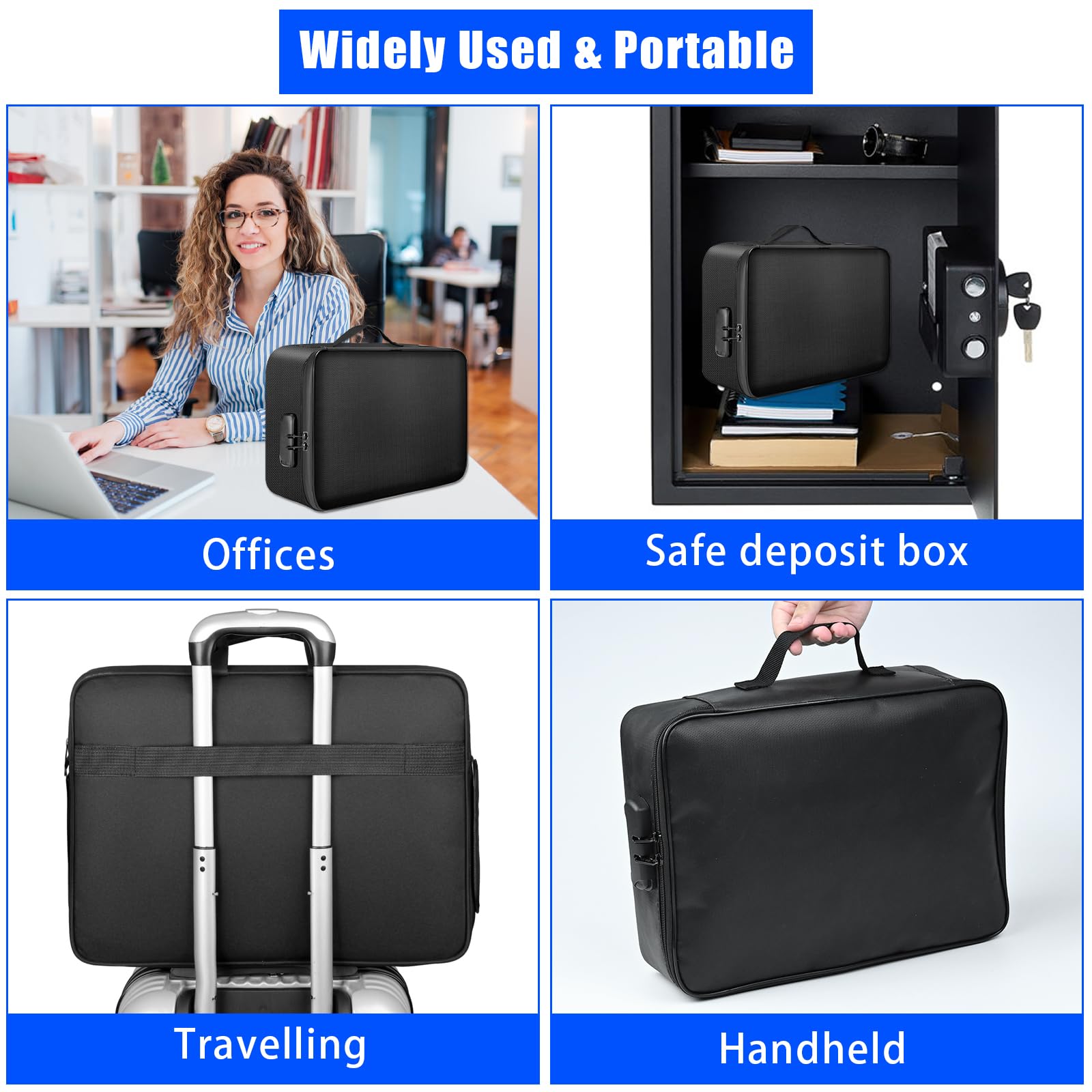 Bolsa de documentos ignífuga, impermeable, 38 x 28 x 10 cm, 4 capas, gran capacidad, ignífuga, con cerradura, caja de almacenamiento segura para pasaportes, certificados, documentos legales, objetos