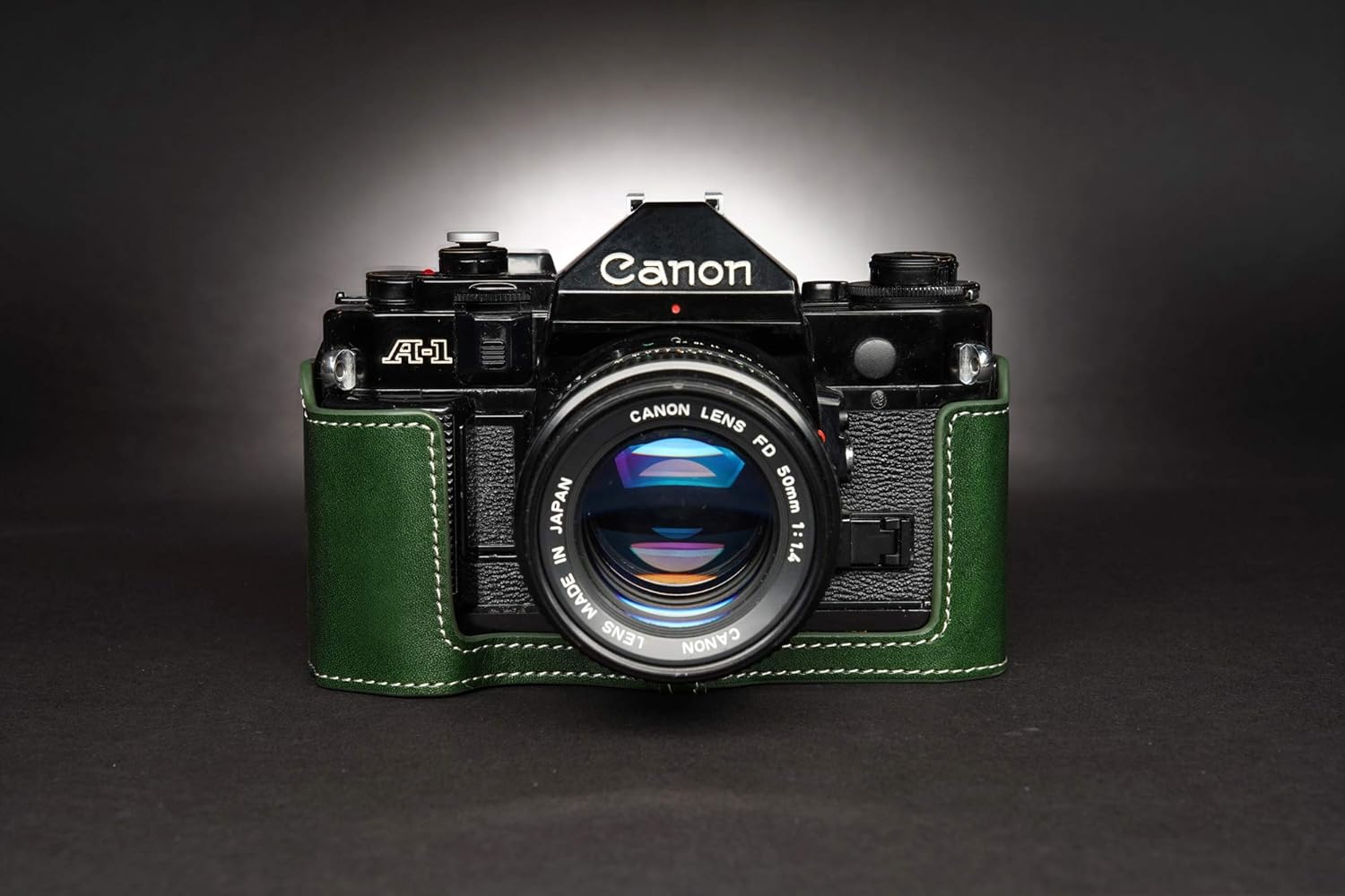 A-1 Case, BolinUS Handmade Genuine Real Leather Half Camera Case Bag Cover for Canon New AE-1 AE-1P A-1 (with Handle) Camera with Hand Strap (Green)