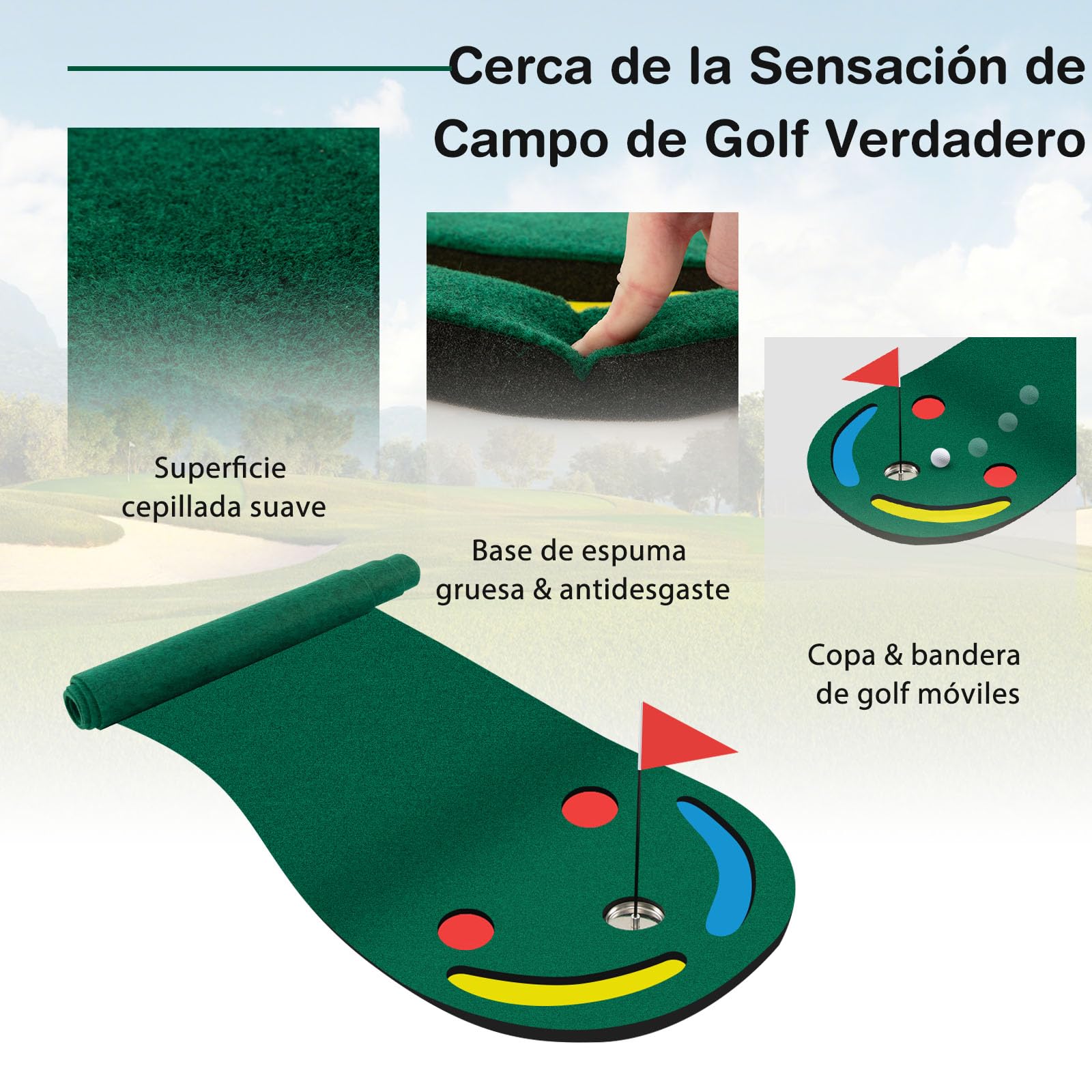 GYMAX Tapete De Golf De 3 Hoyos De 300 x 96 cm con Taza Y Bandera De Ayuda para El Entrenamiento, Tapete De Entrenamiento De Práctica De Golf Portátil para Interiores Y Exteriores
