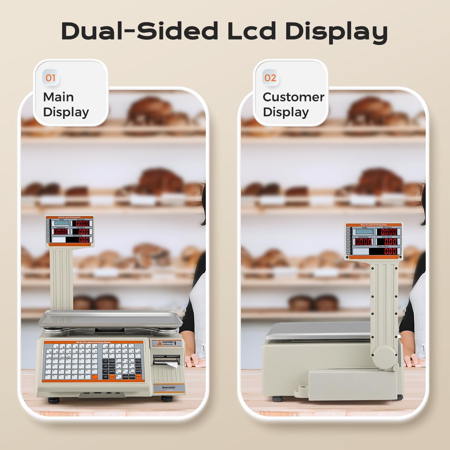 Bonvoisin Digitale Etikettendruckwaage 30kg/66lb mit Barcode Druck - Doppeldisplay - 71 Tasten & 4000 PLU Speicher - RS232/Ethernet/Kassenschublade - für Supermarkt, Einzelhandel