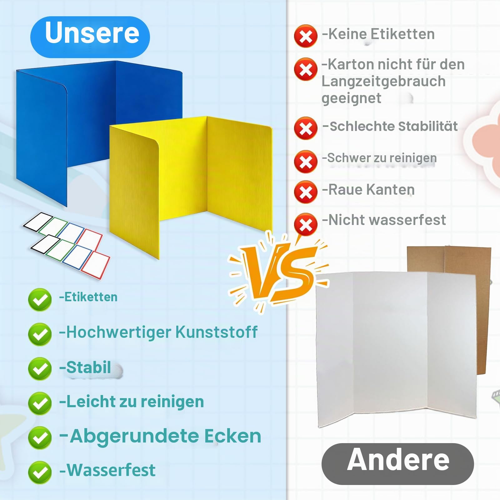 6 Stück Trennwand Schreibtisch Faltbar Sichtschutz Schreibtisch mit 8 Namensschilder, Farbig U-förmiger Tischtrennwand Sichtschutztafeln wasserdichte Schreibtischteiler für Schüler Büro Bibliothek