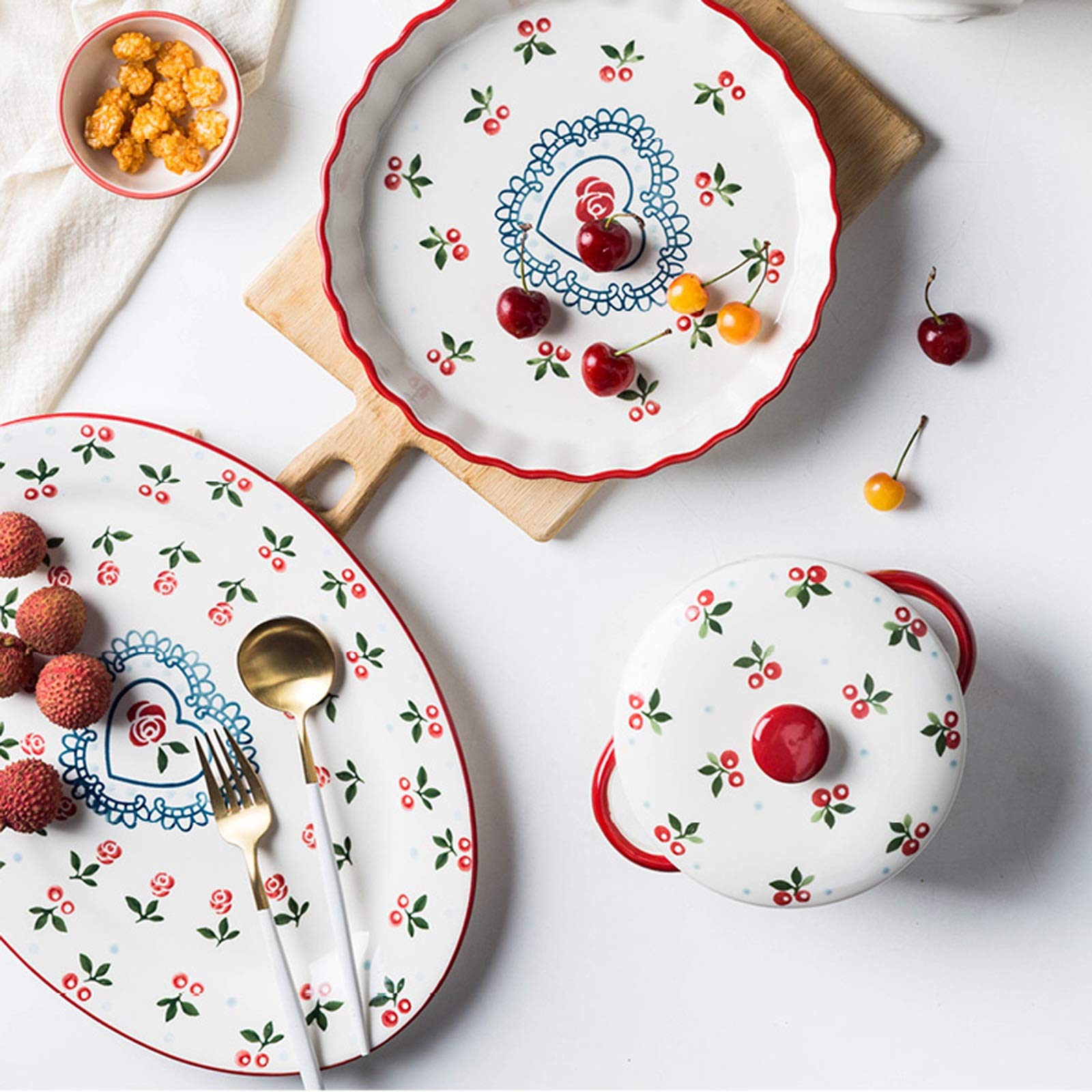 Bellissimo Set di stoviglie da Cucina da 8 Pezzi, Servizio per 2 Set di Piatti Piani con Motivo Ciliegia, Set di Piatti in Ceramica Carini, Piatti Lavabili in microonde e lavastov